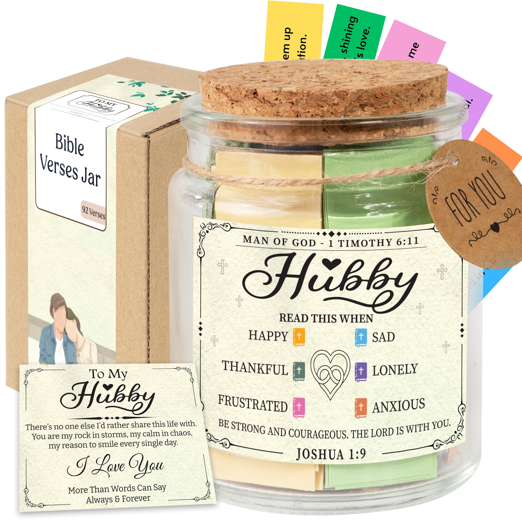 Hubby Bible Verse Jar – Father day Gifts for Husband, 92 Color-Coded Bible Verses “Read This When” | Christian gifts for men