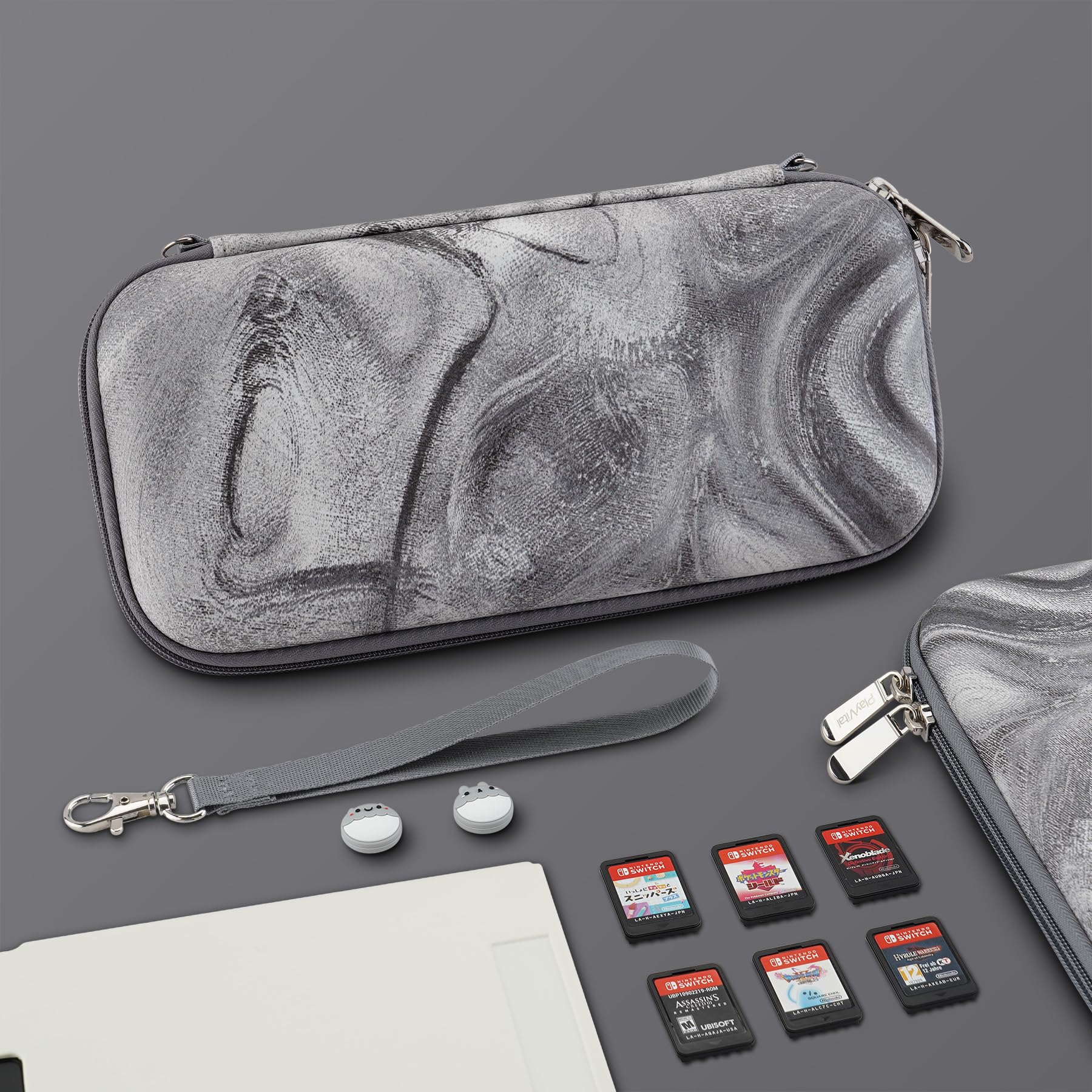 playvital Estuche Portátil para Nintendo Switch y OLED - Funda de Transporte con Tapas de Joystick, 10 Ranuras para Juegos, Bolsillo Interior Suave y Forro Protector (Remolino de Plata)