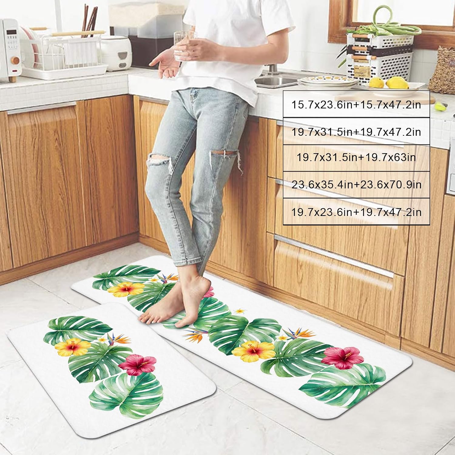 Green Monstera Leaf Kitchen Mats Set of 2 Yellow Flower Summer Tropical Plant Non Slip Mat Washable Floor Rug for Kitchen Sink Floor Laundry, 15.7"x23.6"+15.7"x47.2"