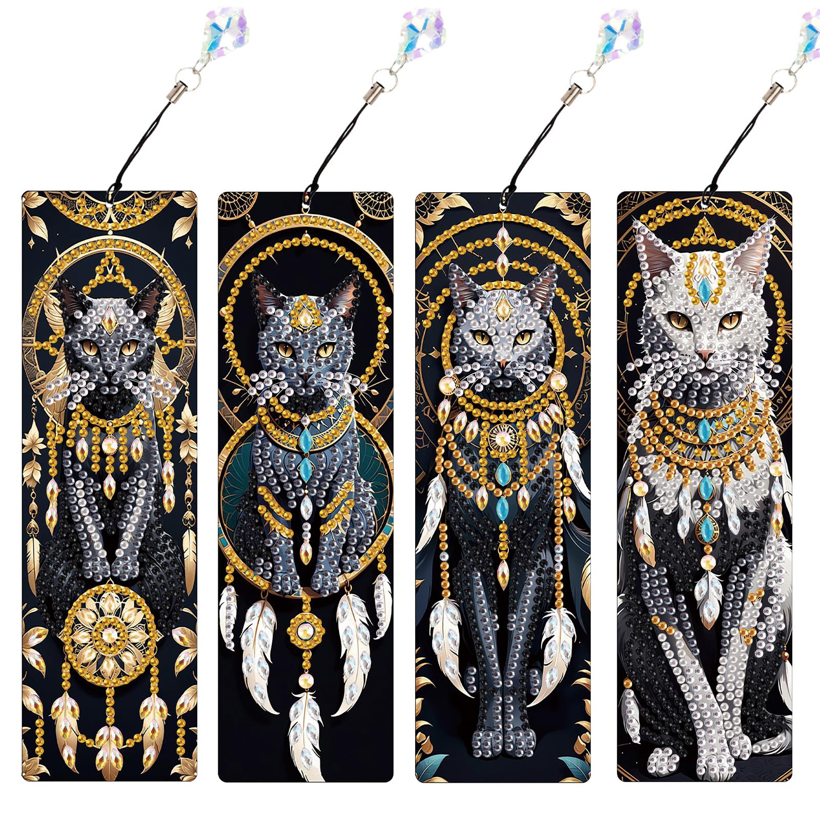4-Piece Dreamcatcher Cat Diamond Painting Bookmarks Set for Adults – DIY 5D Rhinestone Art Bookmark Kits with Tassels, Beautiful Diamond Art Bookmarks for Crafts and Gifts