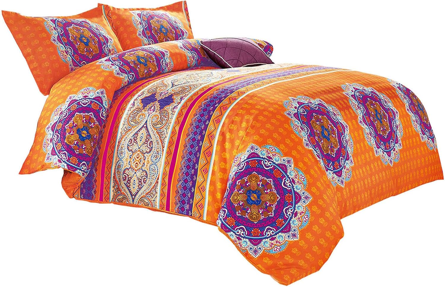Wake In Cloud - Mandala Comforter Set, Orange Bohemian Boho Chic Medallion Pattern Printed, Soft Microfiber Bedding (3pcs, California King Size)