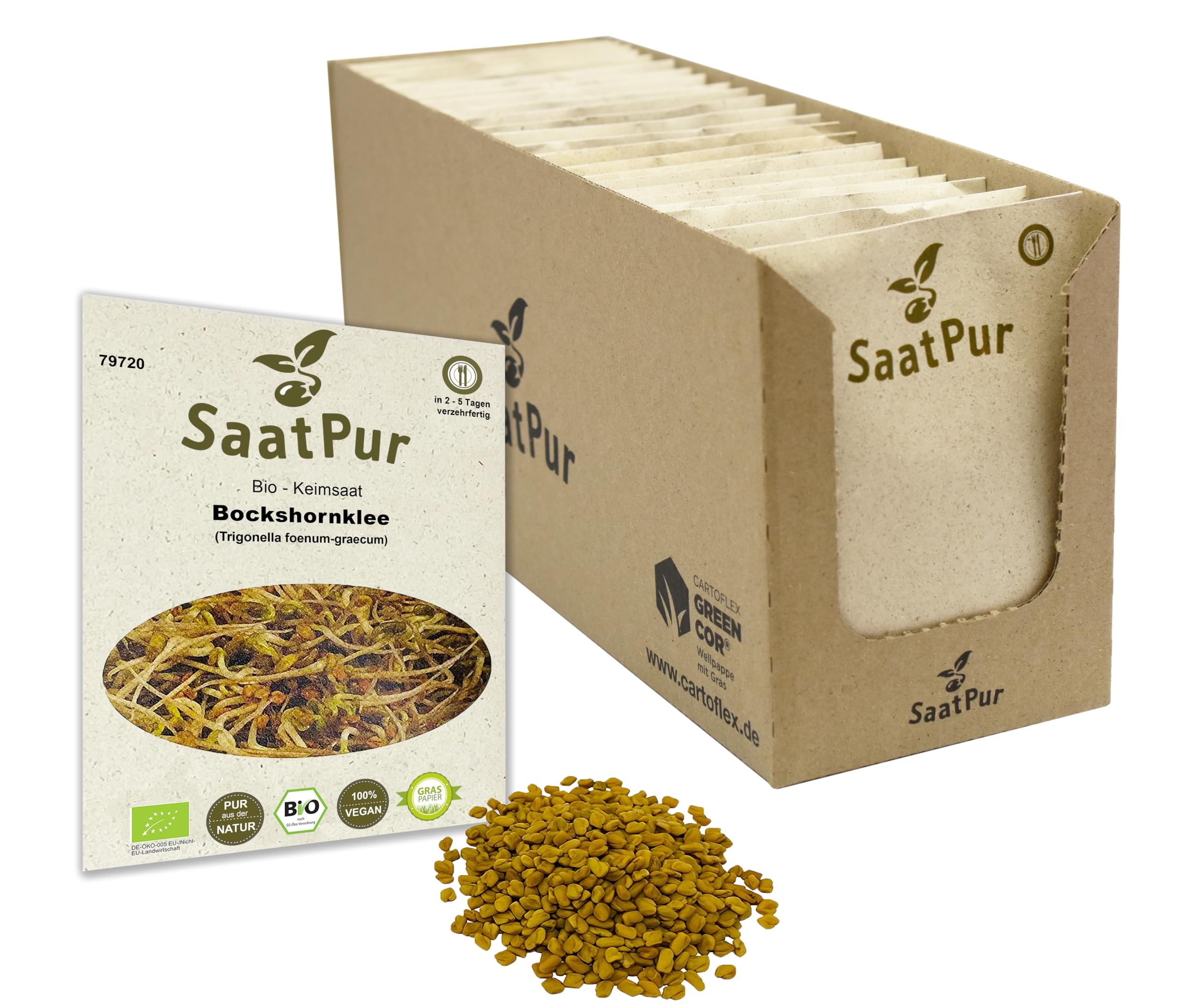 Bockschornklee BIO Keimsprossen von SaatPur - Sprossensaat - Großes Tray mit 30 Portionstüten je 75g