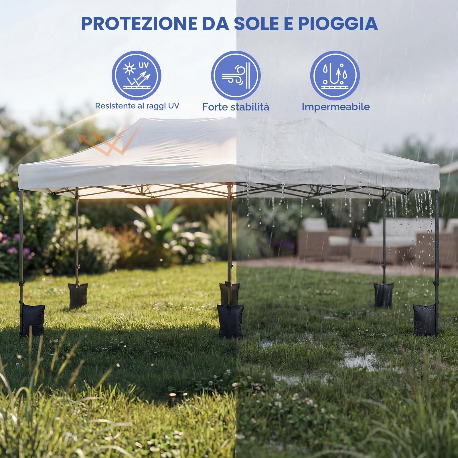 VOWNER Gazebo 3x6m Pieghevole Impermeabile, Gazebo Esterno Resistente Pop-up Regolabile in Altezza, Giardino Protezione UV 50+,Padiglione con Borsa, Bianco