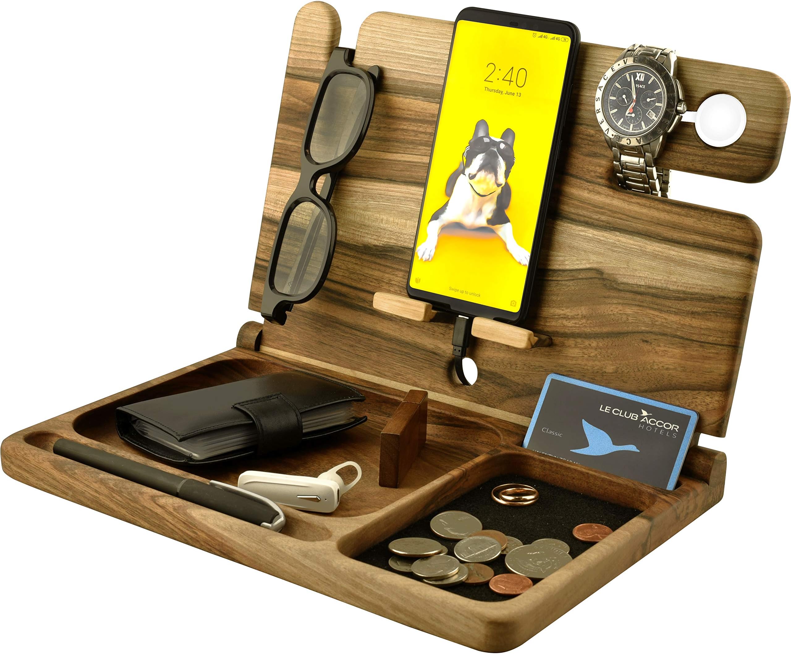 Natural Walnut Eco Wood Cell Phone Stand Watch Holder. Foldable Men Device Dock Accessory Organizer. Mobile Base Nightstand Charging Docking Station. Wooden Storage Funny Bed Side Caddy Valet Birthday