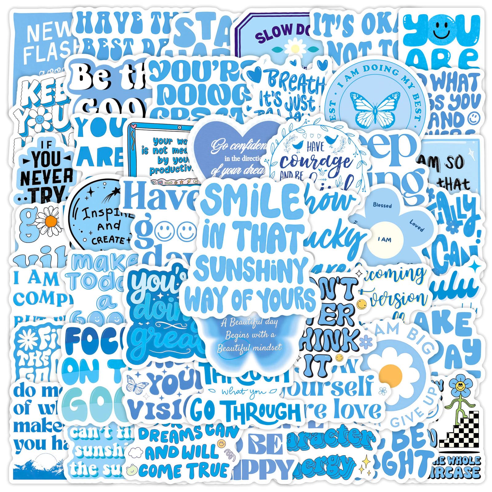 Blue Inspirational Stickers 50 Pcs Waterproof Trendy Aesthetic Motivational Quotes Sticker for Water Bottle Laptop Scrapbook Car Bike Luggage,Vinyl Funny Positive Decals for Teens Teachers Student โ image 1