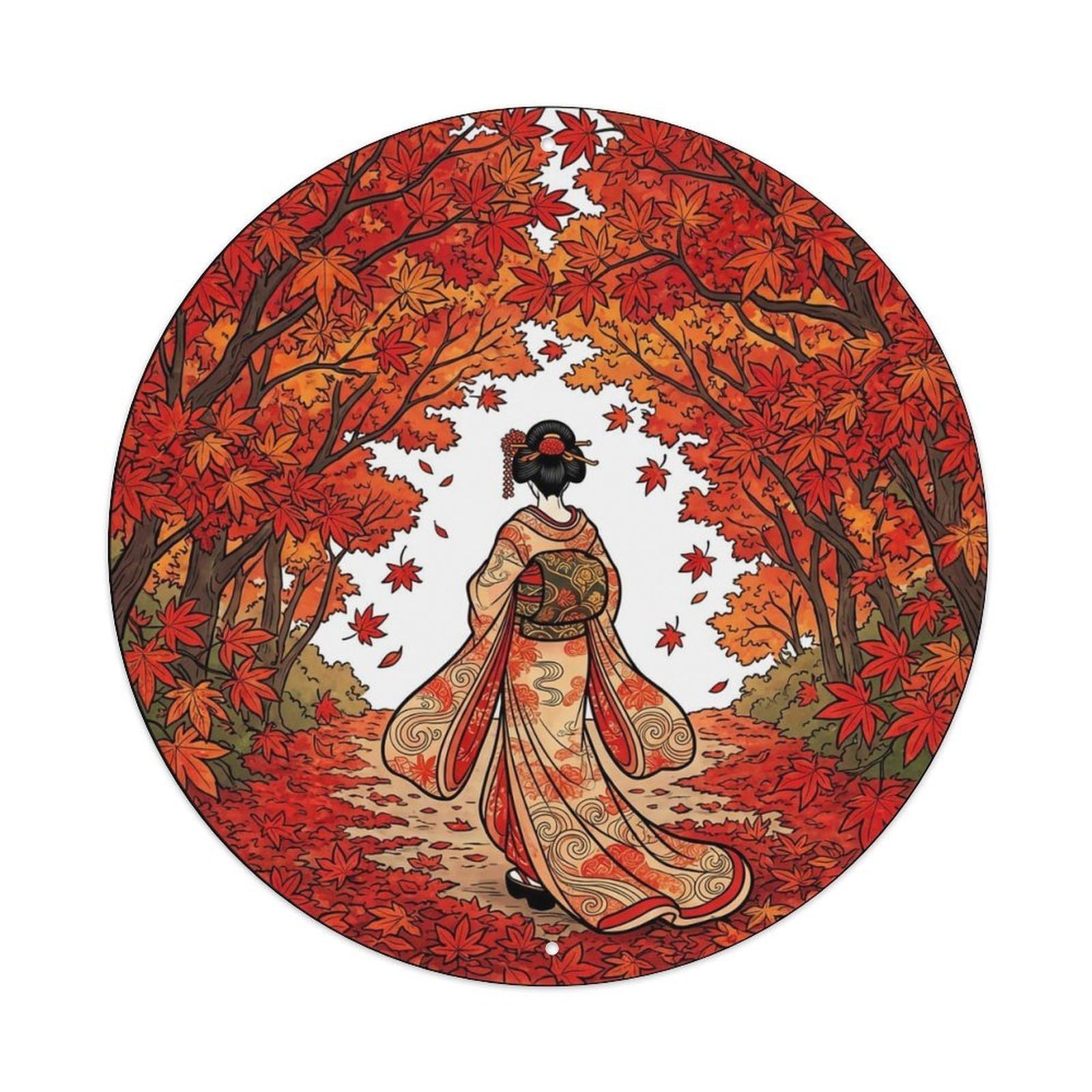Yrnq 8X8inch Vintage Style Japanese Maple Tunnel Geisha Walking Through Metal Tin Sign