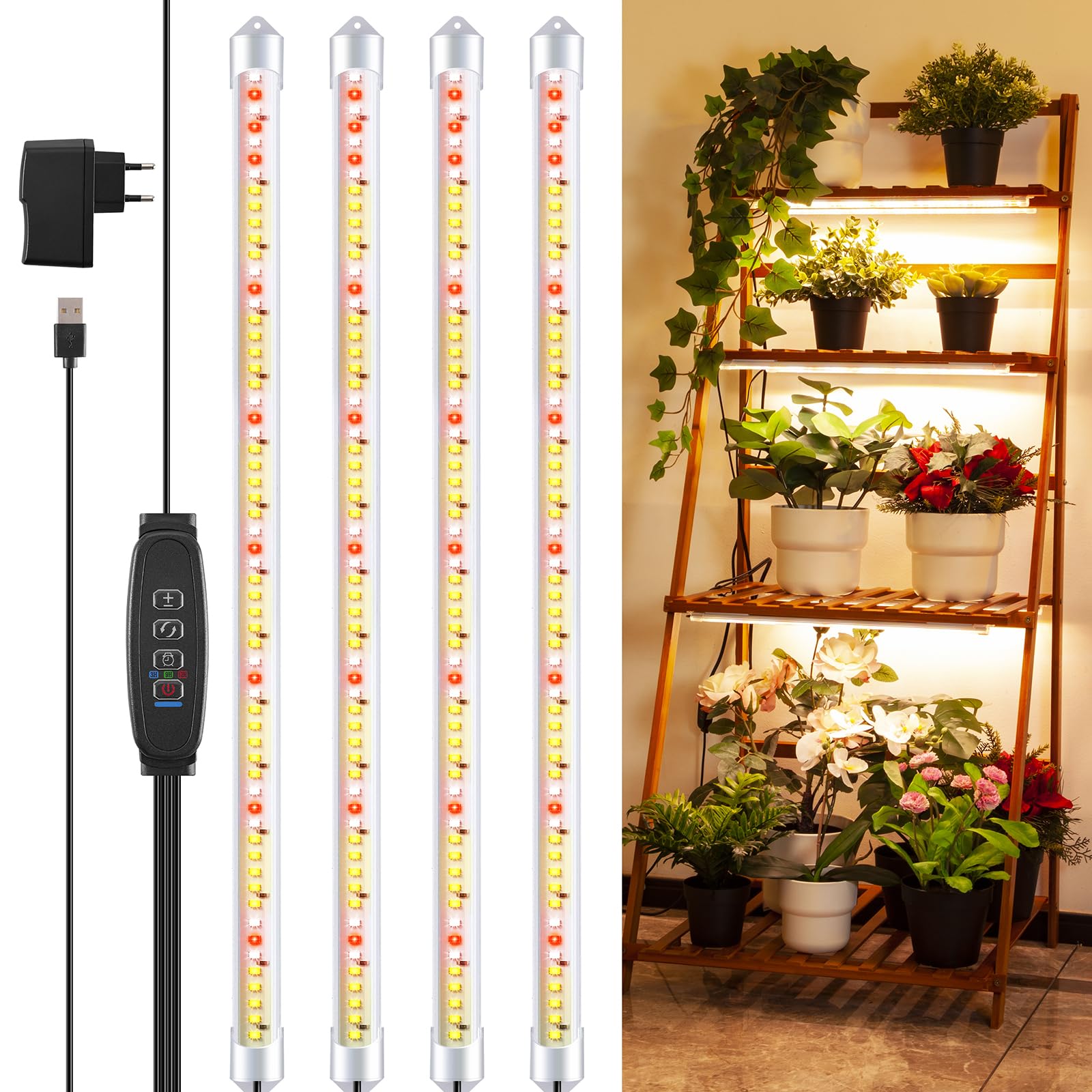 COKOLILA 4 Barras Luz de Cultivo de espectro completo, Lampara Cultivo con 240 LED, Luz para Crecimiento con temporizador automático 3/9/12H, 10 niveles de regulación, decuado para Plantas de Interior