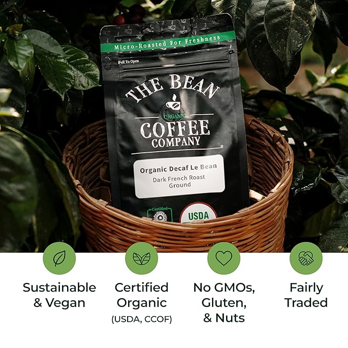 The Bean Organic Coffee Company Water Processed DECAF Le Bean is an ideal choice for those looking for a delicious and satisfying decaffeinated coffee option that is also organic and environmentally conscious. It is a great option for those who love the bold and robust flavor of French roast coffee but want to enjoy it without the caffeine. Description by ChatGPT.