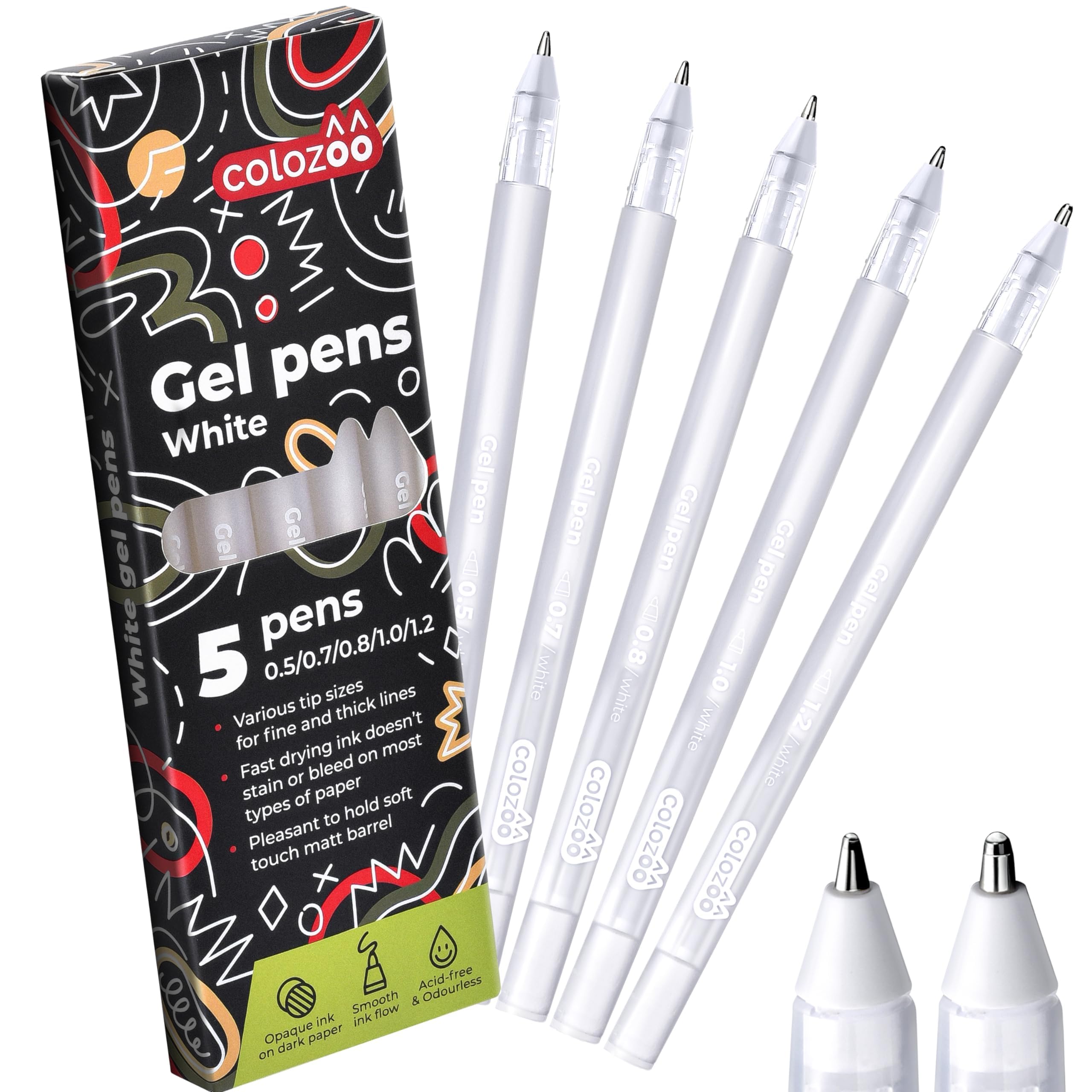 colozoo 5pcs Juego de Bolígrafos de Gel Blancos con Tamaños de Punta: 0,5, 0,7, 0,8, 1,0, 1,2 mm | Bolígrafos de gel blanco para papel negro | Bolígrafo de dibujo blanco - Material escolar estético
