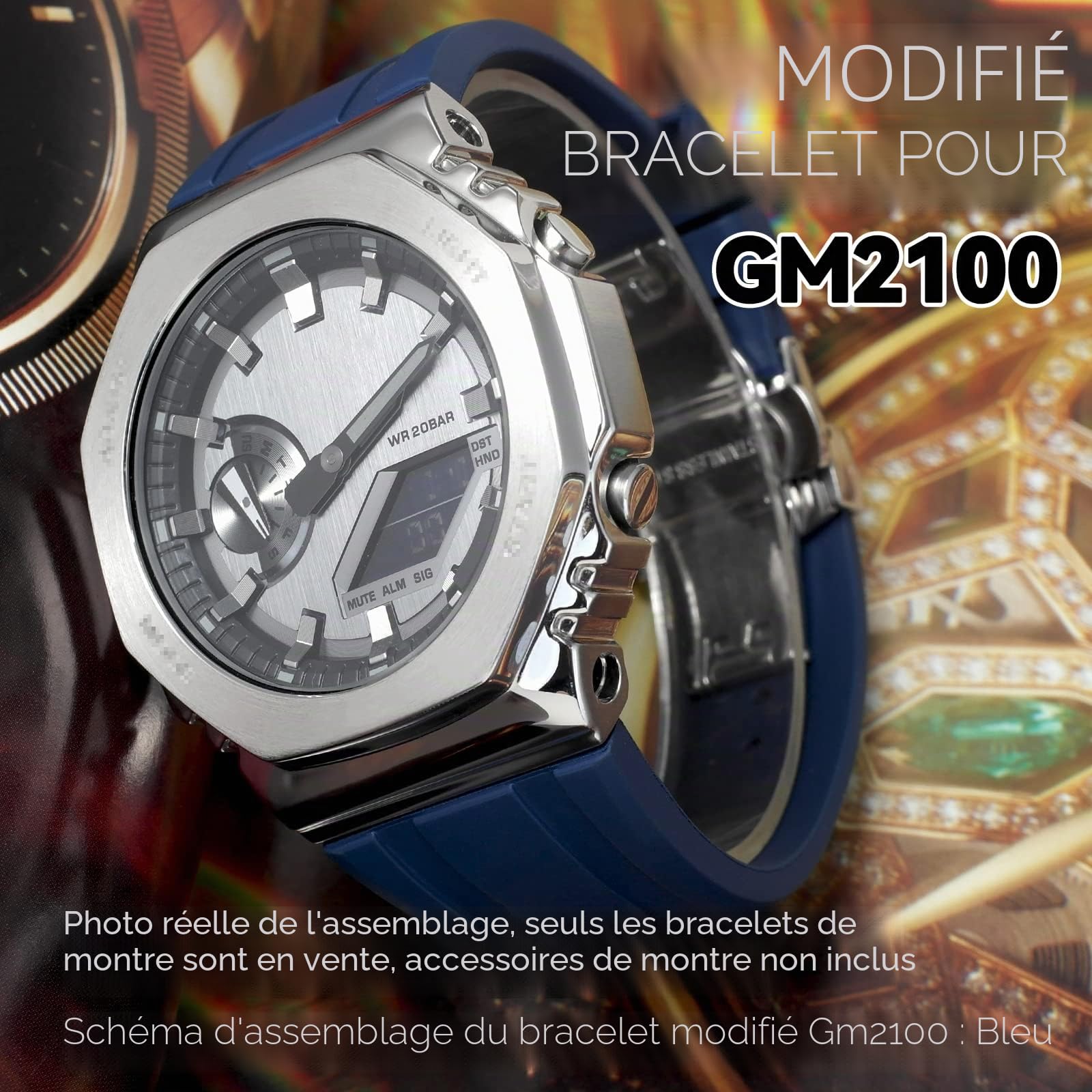 Bracelet de Montre pour GM2100 pour Homme Compatible avec Casio, Bande pour G-shock GM-2100B, Libération Rapide, Caoutchouc Fluoré, avec Outils