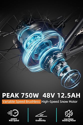 Miniatura 4 de Bicicleta eléctrica para adultos con motor sin escobillas de 750 W, 28 MPH, bicicleta de montaña eléctrica de 48 V, batería extraíble de 12 V, faros