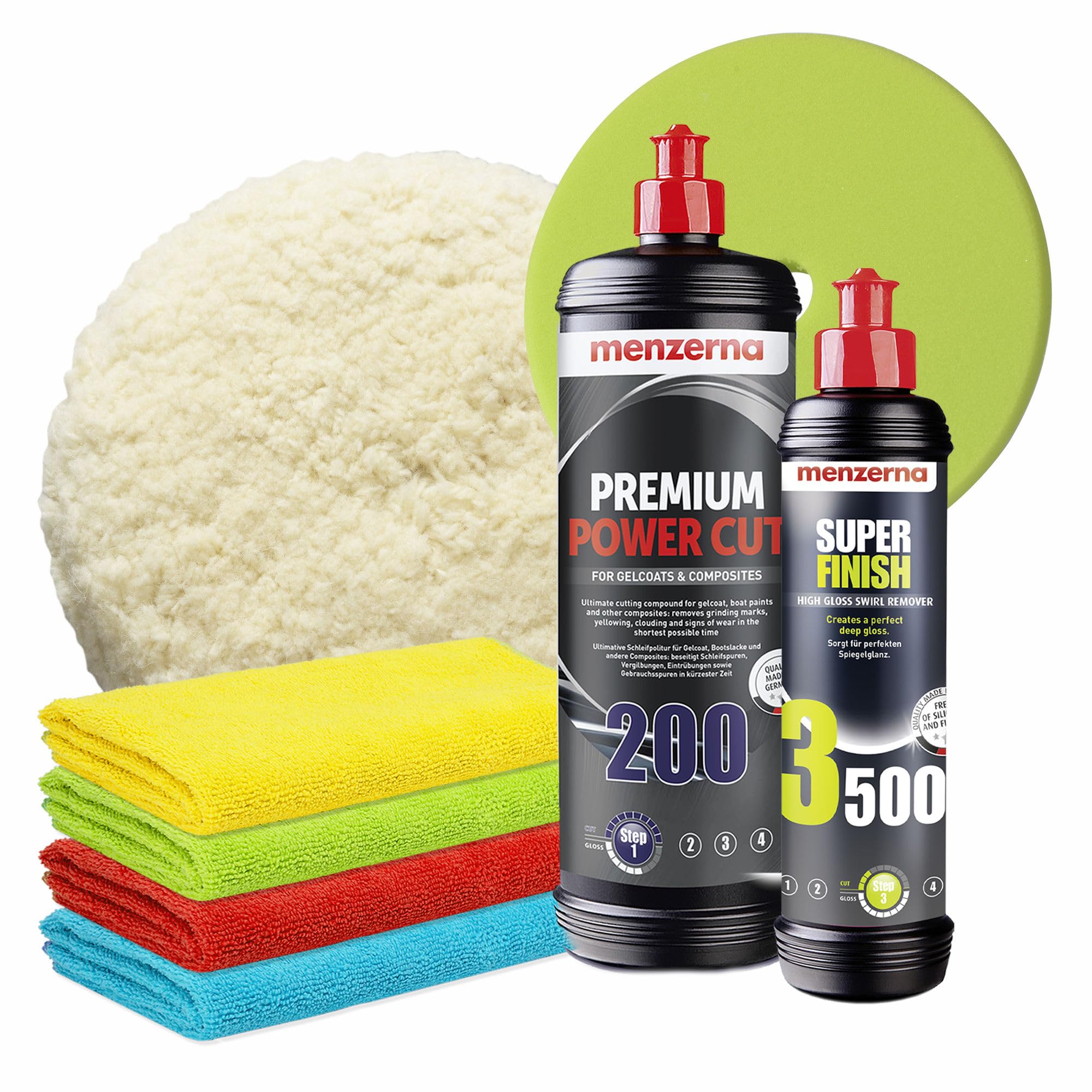 GFK Politur Set | Menzerna Premium Power Cut 200 1L Gelcoat Bootspolitur + Super Finish 3500 250ml + Lammfell Polierpad 150mm + Soft Cut Premium Polierpad + 4x Poliertuch | für Boot Wohnwagen