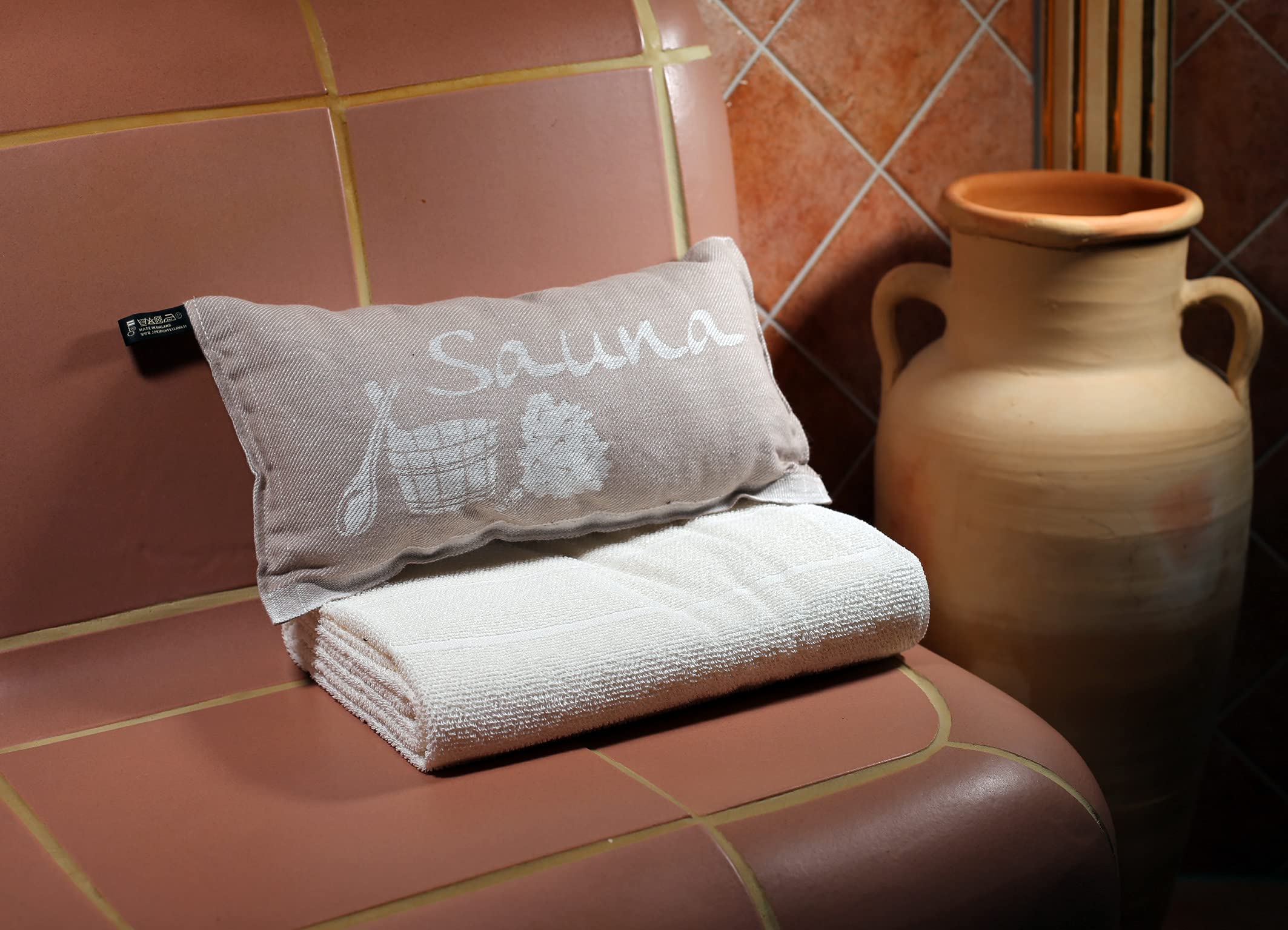JOKIPIIN | 1 x Lieblings-Saunakissen Reisekissen | Design: Sauna | Maße: 40 x 22 cm, Leinen/Baumwolle | schadstoffgeprüft Ökotex 100 | Made in Finnland (Beige/Weiß)