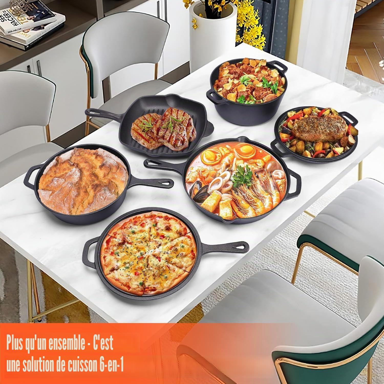 GFTIME Lot de 5 ustensiles de cuisine en fonte avec Dutch Oven 5 QT, cocotte 3,2 QT avec couvercle de poêle, poêle à griller 28 cm, poêle à frire 30,5 cm, pour cuisinière, four, barbecue, camping