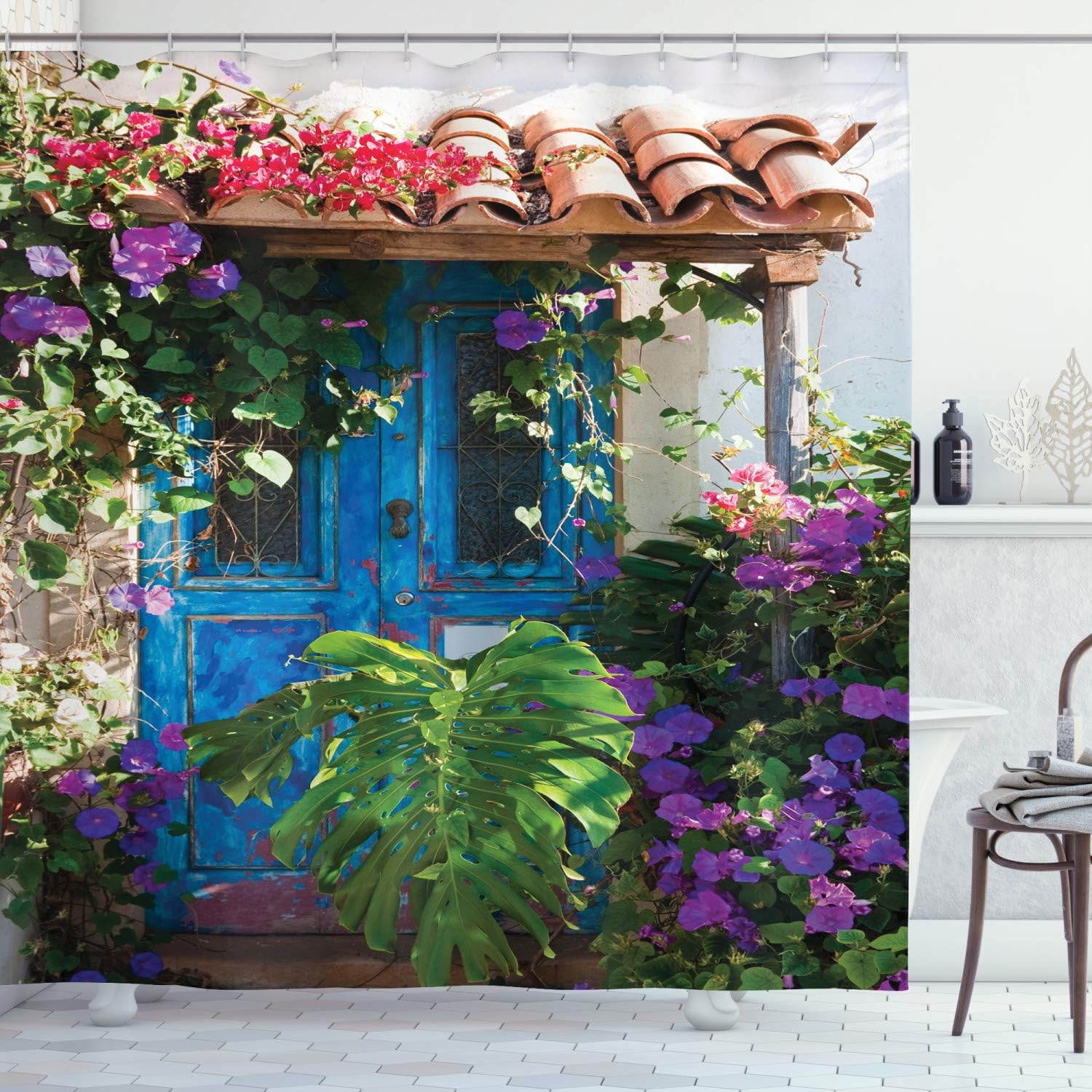 Ambesonne Rustic Shower Curtain, Old Door Overgrown Exotic Flower Petals Nature Palm Leaves Scene Artwork Print, Cloth Fabric Bathroom Decor Set with Hooks, 69" W x 70" L, Forest Green Sea Blue Brown