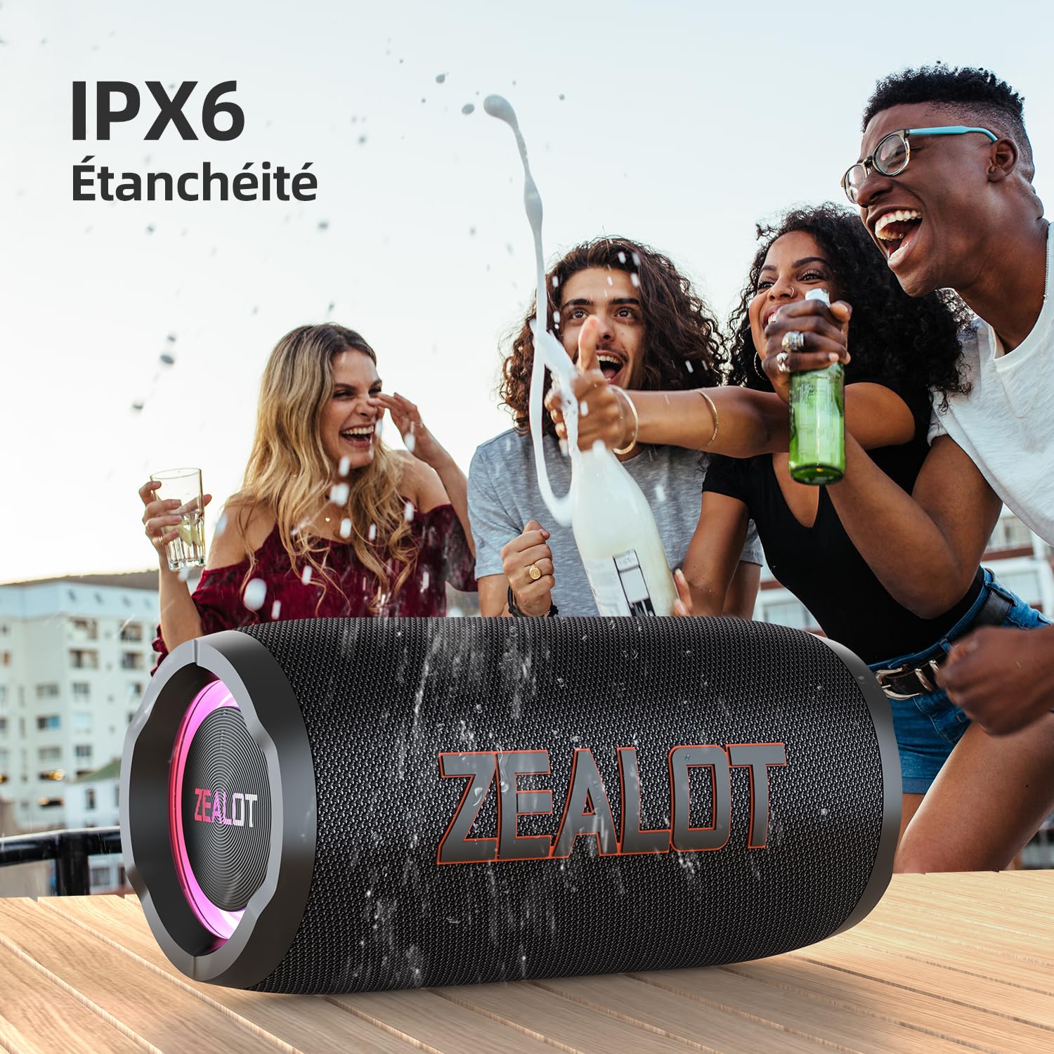 ZEALOT Altoparlante Bluetooth 60W con luce,scatola musicale portatile con scheda USB/Micro SD/AUX, Bluetooth 5.3, IPX6 impermeabile, Dual Pairing, Loud Stereo Sound per telefono,