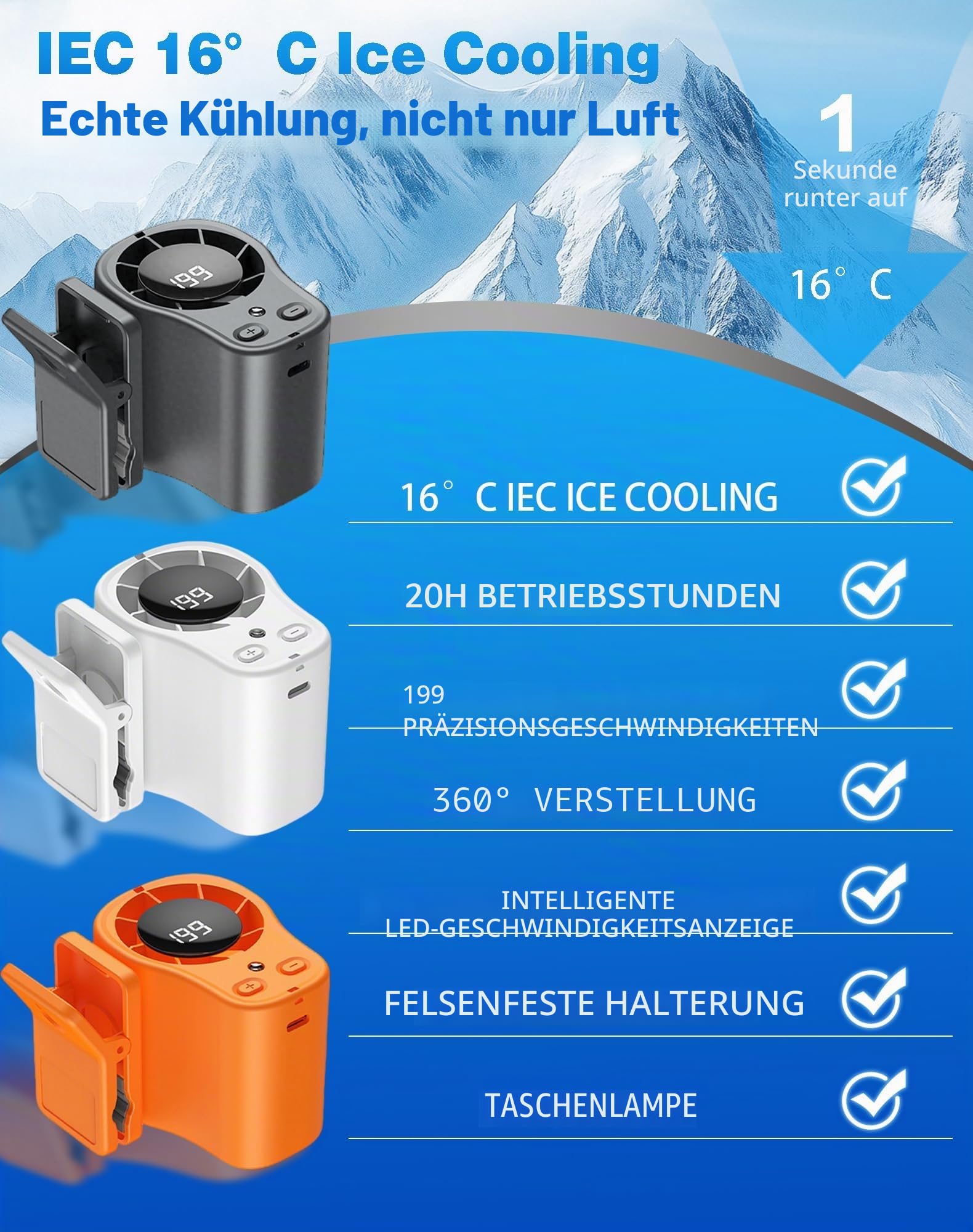 2026 Auto Clip on Klimaanlage Ventilator mit LED Display - 360° Drehung, 199 Geschwindigkeiten & Halbkühlungstechnologie, USB Wiederaufladbarer Persönlicher Ventilator, Freisprechanlage Clip on