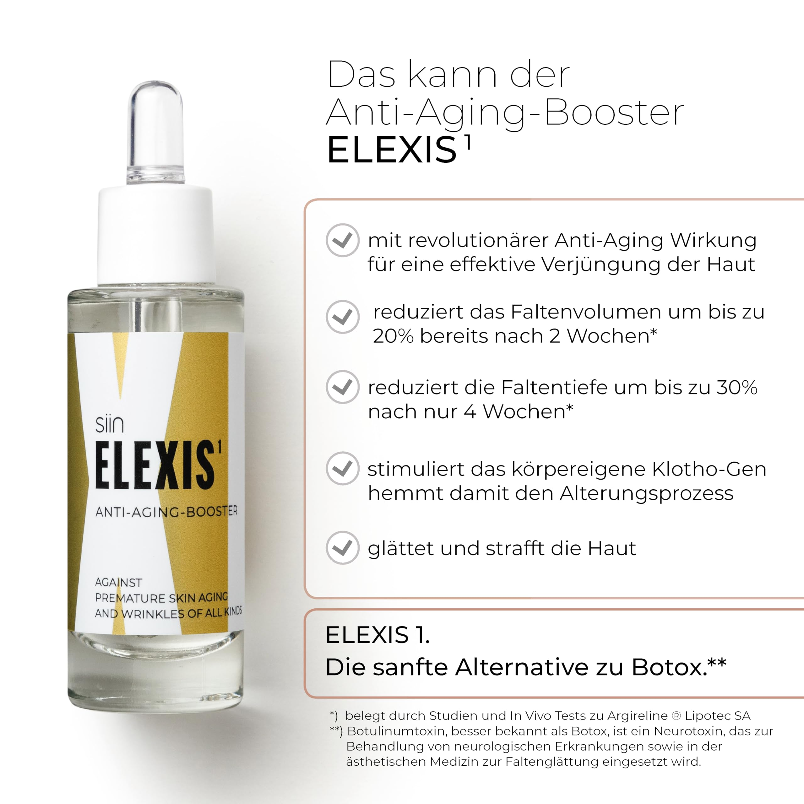 siin ELEXIS Premium ANTI-AGING SERUM - Hochleistungsserum gegen Falten aller Art - Anti-Falten Creme reduziert Faltenvolumen und Faltentiefe - glättet & strafft - Argireline, Edelweiss, Hyaluron