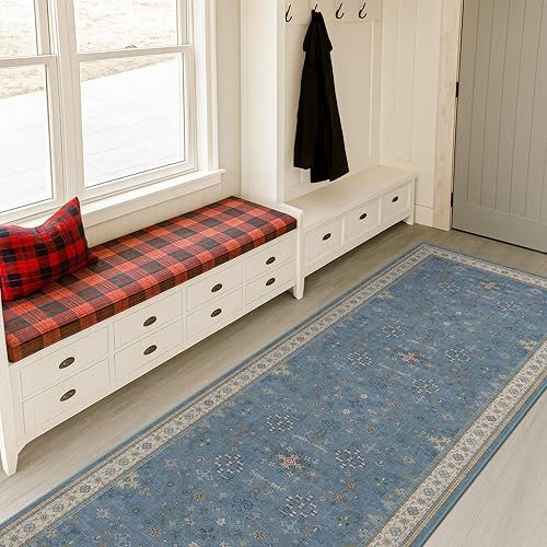 Miniatura 60 de Alfombra de Pasillo de Baño Lavable Oushak 2x5 - Floral Pastel Bohemio Ecléctico, Alfombra Pequeña Antideslizante de Pelo Bajo Resistente a Manchas