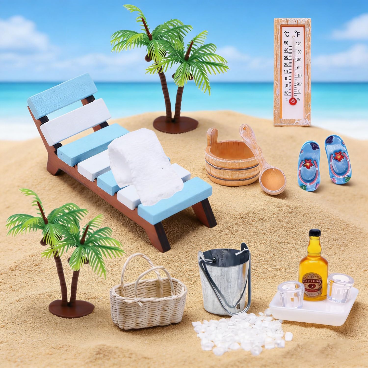 11 Stück Puppenhaus Zubehör Wichtel Zubehör Sommer Miniatur Deko Miniatur Zubehör Mini Liegestuhl Deko Klein Miniatur Garten Strandkorb Deko Miniatur Möbel Miniaturen (G: Sauna-Set)
