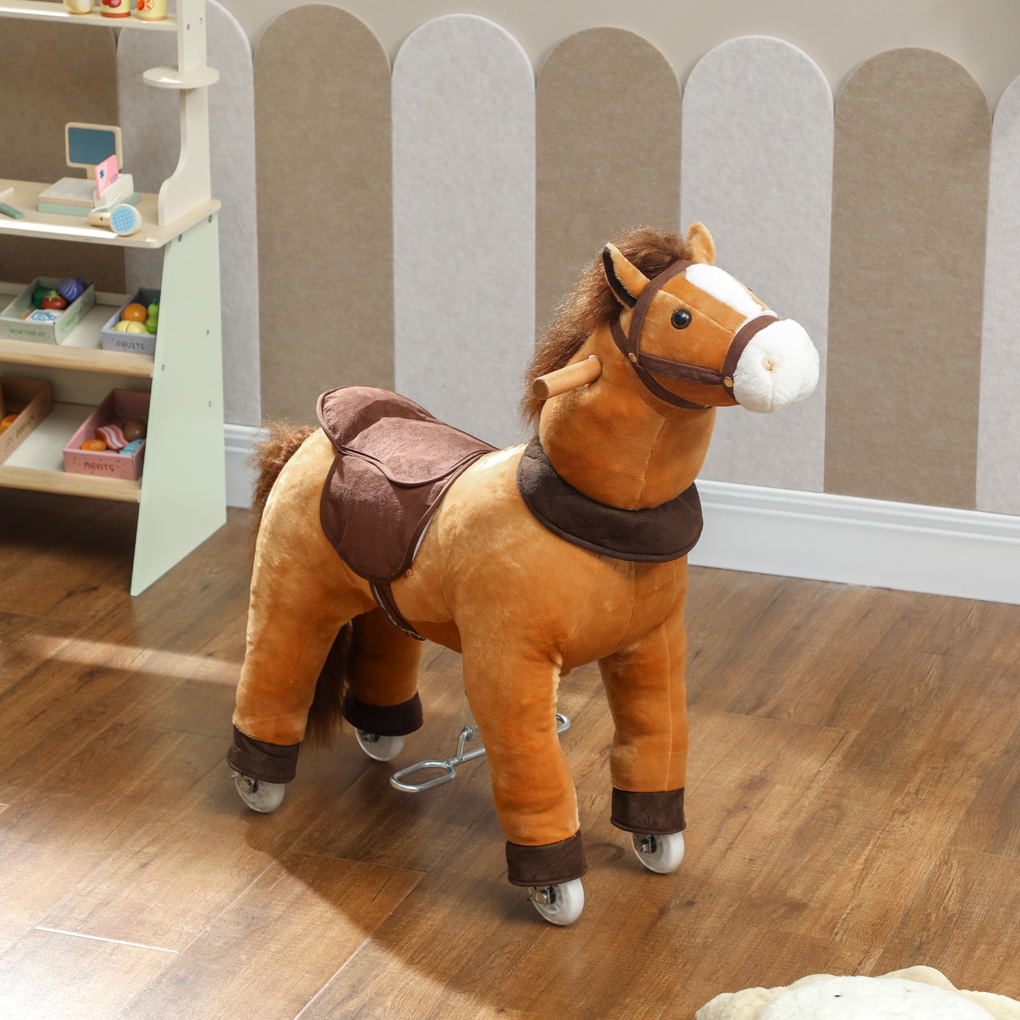 AIYAPLAY Reitpferd, Spielpferd zum Reiten mit Sattel Rollen, 75 cm Stehpferd, Plüschpferd für Kinder 3-5 Jahre, bis 25 kg, Dunkelbraun