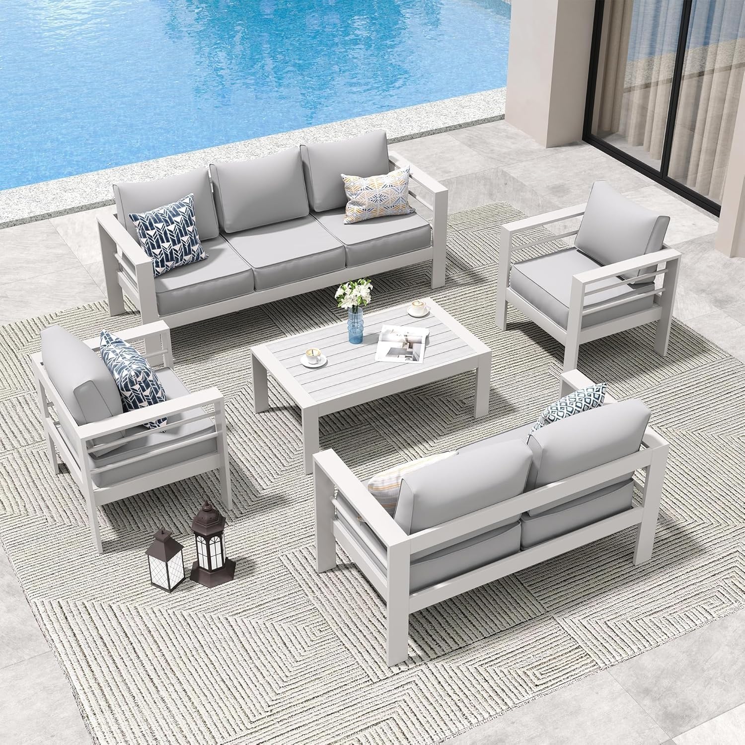 Aluminum Patio Furniture Set 8 Pieces Modern Patio Conversation Sets Sectional Metal Sofa with Coffee Table for Backyard Porch Balcony Poolside(Gray)