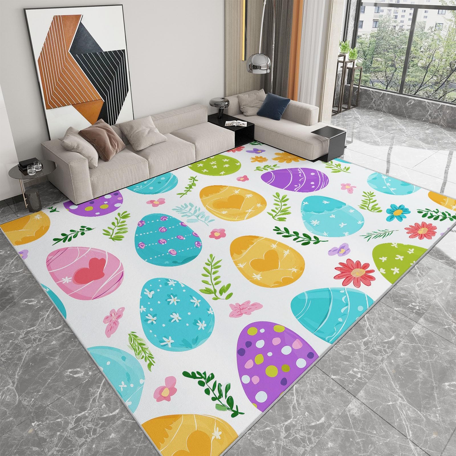 Dywan zmywalny 160 x 230 cm kreskówka do salonu, trwała geometryczna mata antypoślizgowa wielkanocne jajka wielkanocne - miękki dywan do sypialni pokoju dziecięcego kuchni pokoju zabaw
