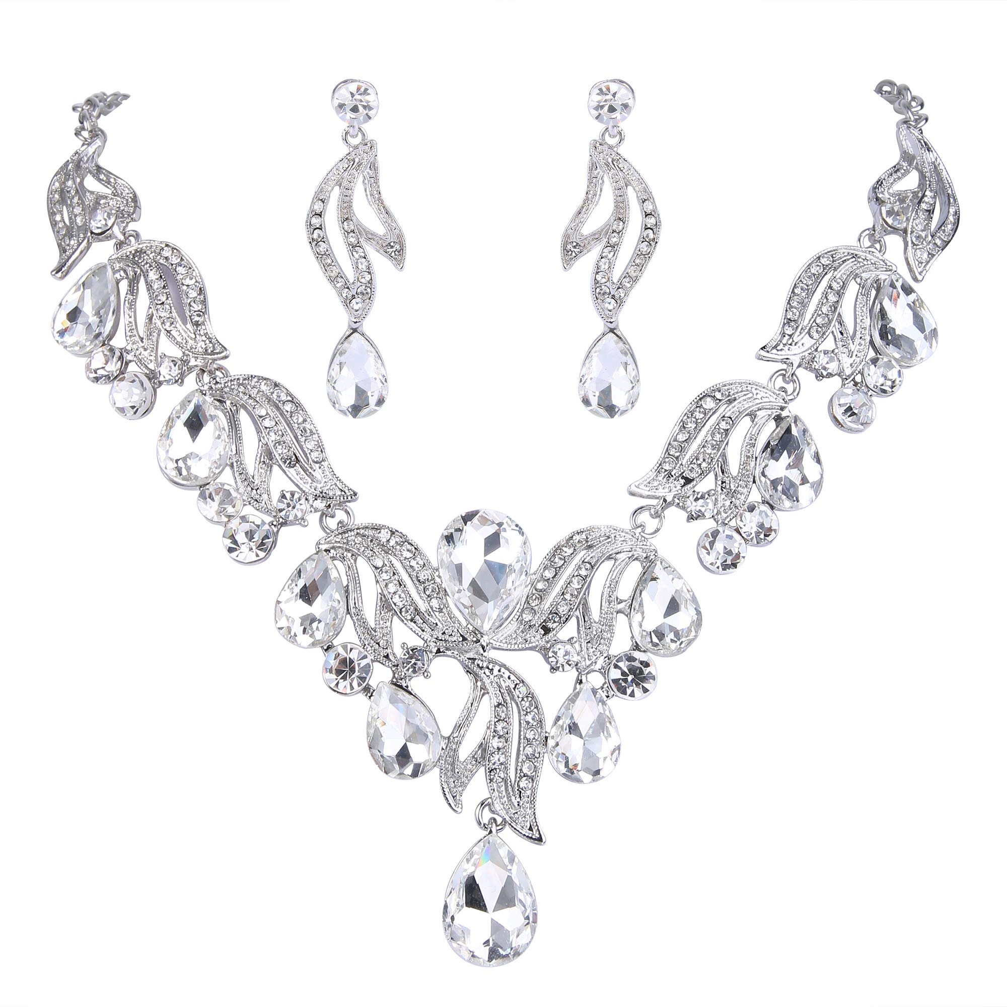 Clearine Conjunto de Joyas para Mujer Bohemia Vintage Boda Gota de Cristal Flor Hoja Colgante Collar Pendientes Colgantes Conjunto de Joyas
