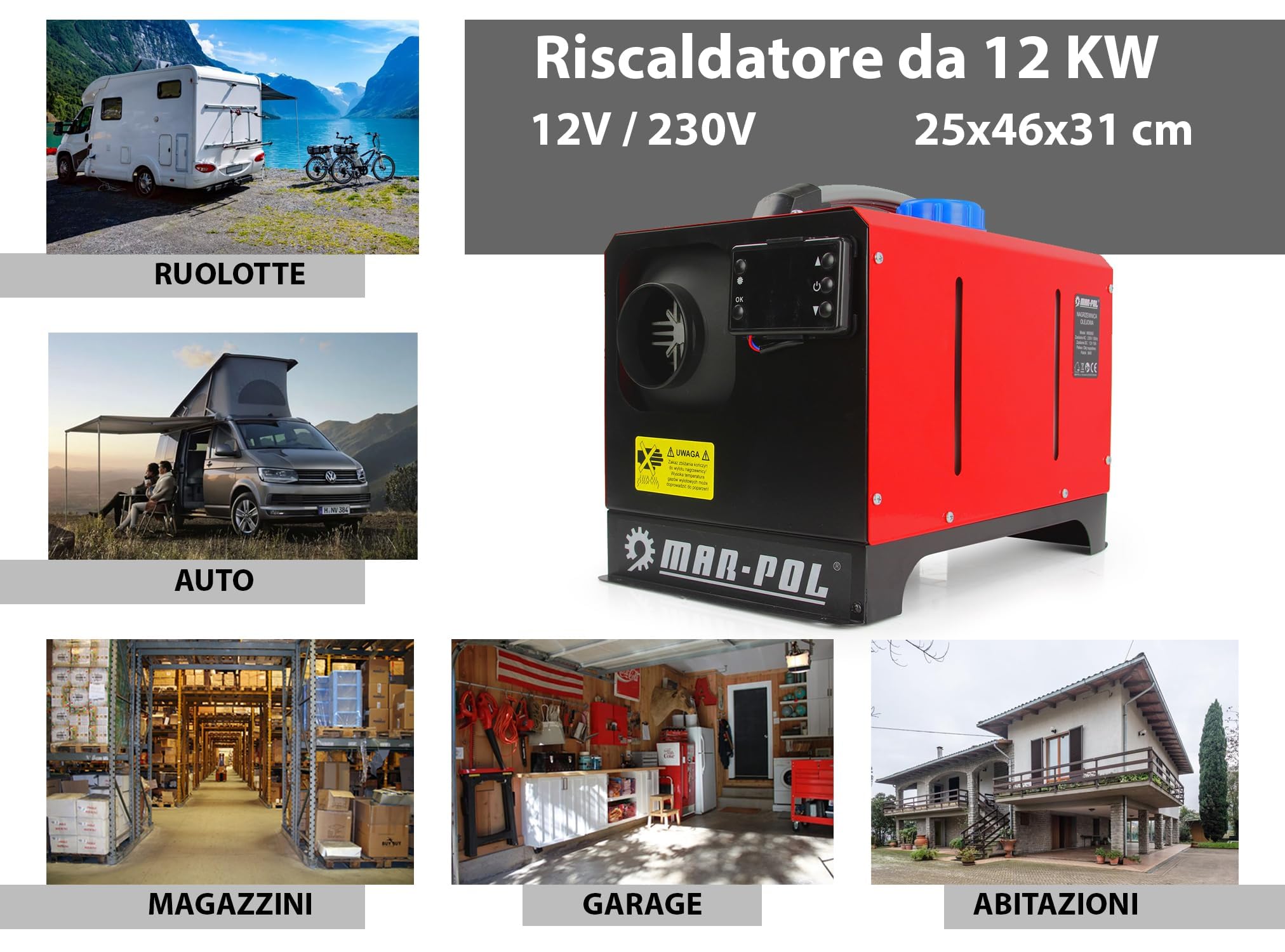 IMJ-Global - Riscaldatore a Gasolio Portatile (12V/230V, 12KW) Riscaldatore Diesel Generatore Aria Calda Gasolio per Camper, Tenda, Campeggio, Parcheggio, Dotato di Monitor LCD con Telecomando