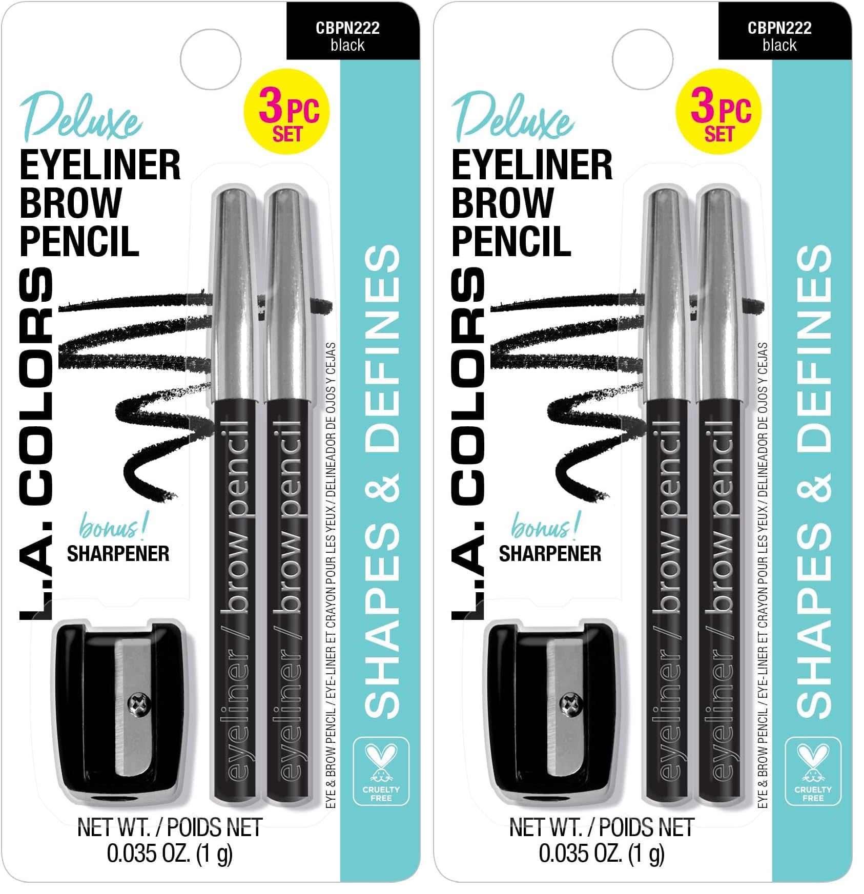 L A COLORS Eyeliner Brow Pencils w Sharpener carded Black CBPN222 Pack of 2
