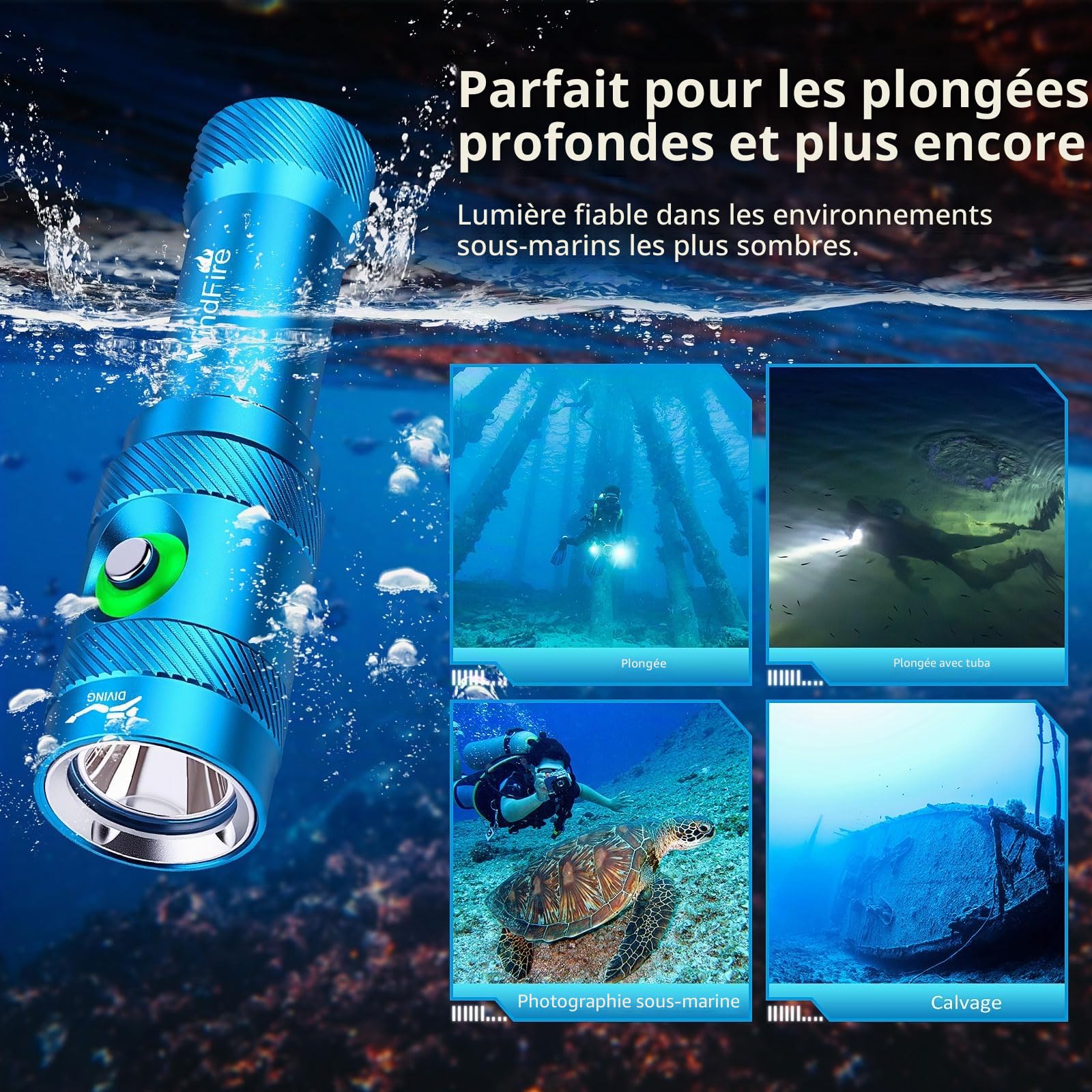 Windfire Lumière de Plongée 6000 LM Lampe de Poche Sous-Marine 3 Modes Indicateur de Puissance, Professionnelle IP68 Lampe de Poche Étanche Rechargeable