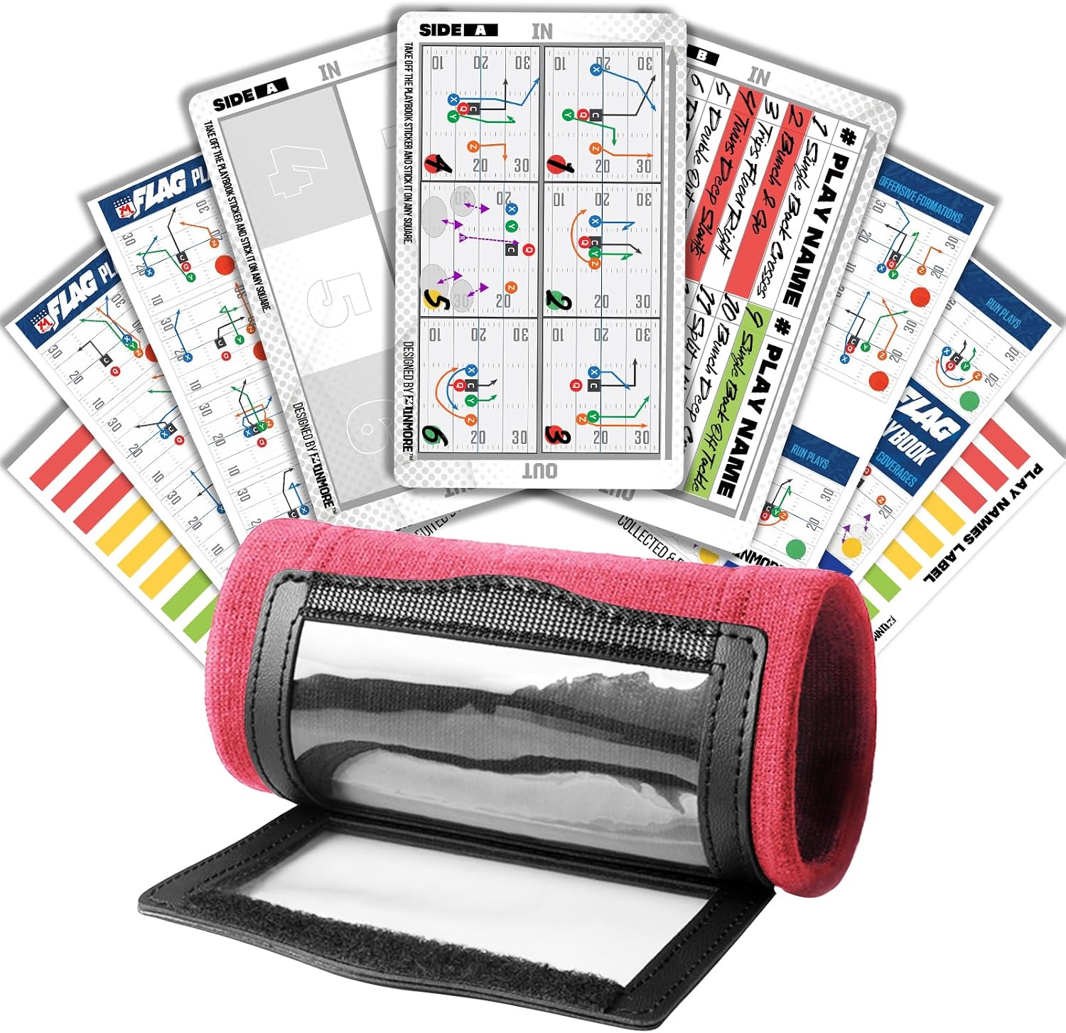 1NMORE 5v5, 7v7 Football Wristbands with Playbook System, Quarterback Wrist Coach for Youth, Flag Football Wrist Bands with Plays Stickers & PVC Cards