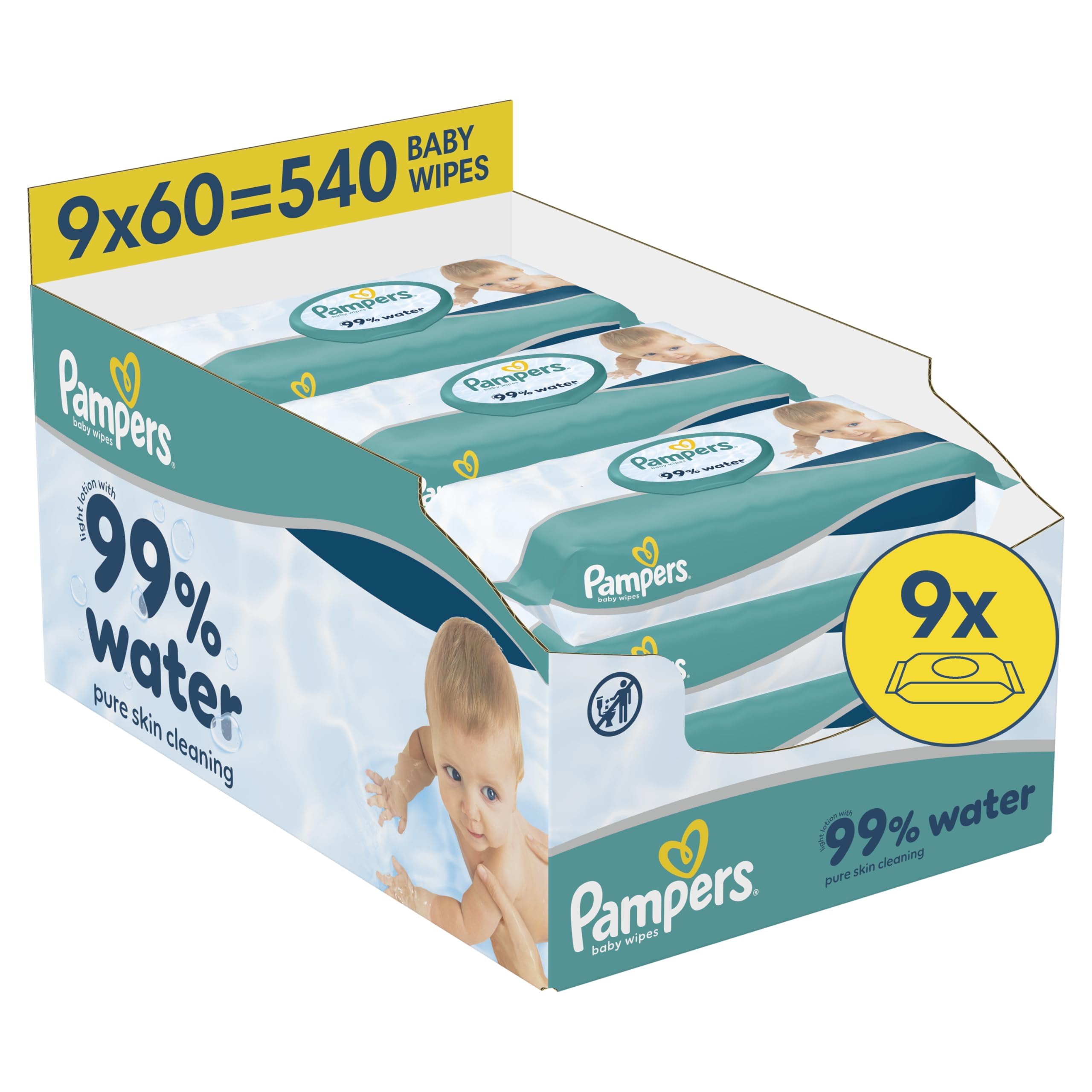 Pampers 99% Water Baby-Feuchttücher, 9 Packungen mit 60 Feuchttüchern = 540 Baby-Feuchttücher, leichte Lotion mit 99% Wasser