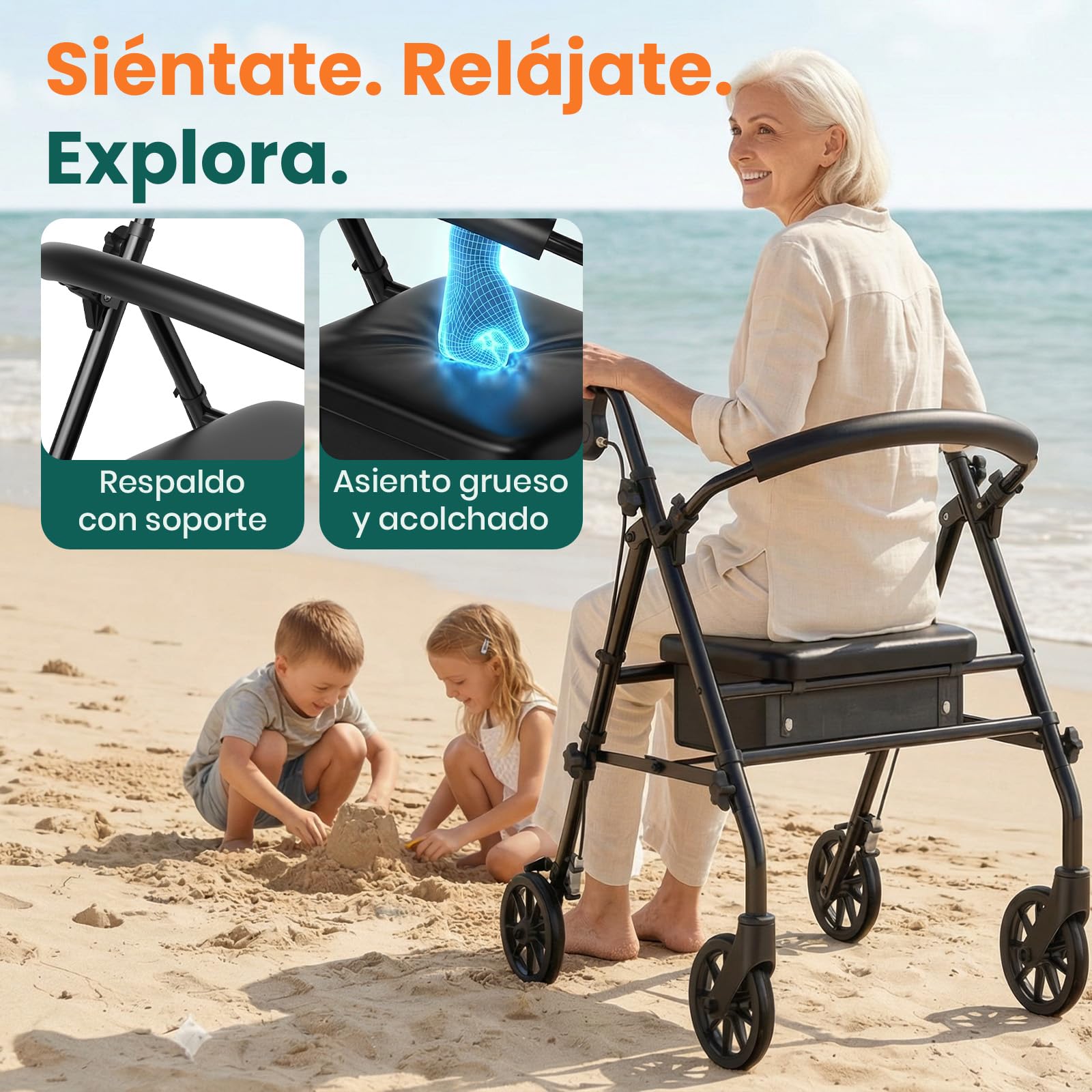 Andador Rollator con Asiento y Almacenamiento – Ayuda de Marcha Ligera y Plegable de 4 Ruedas para Adultos Mayores y Discapacitados, Uso Interior y Exterior, Negro