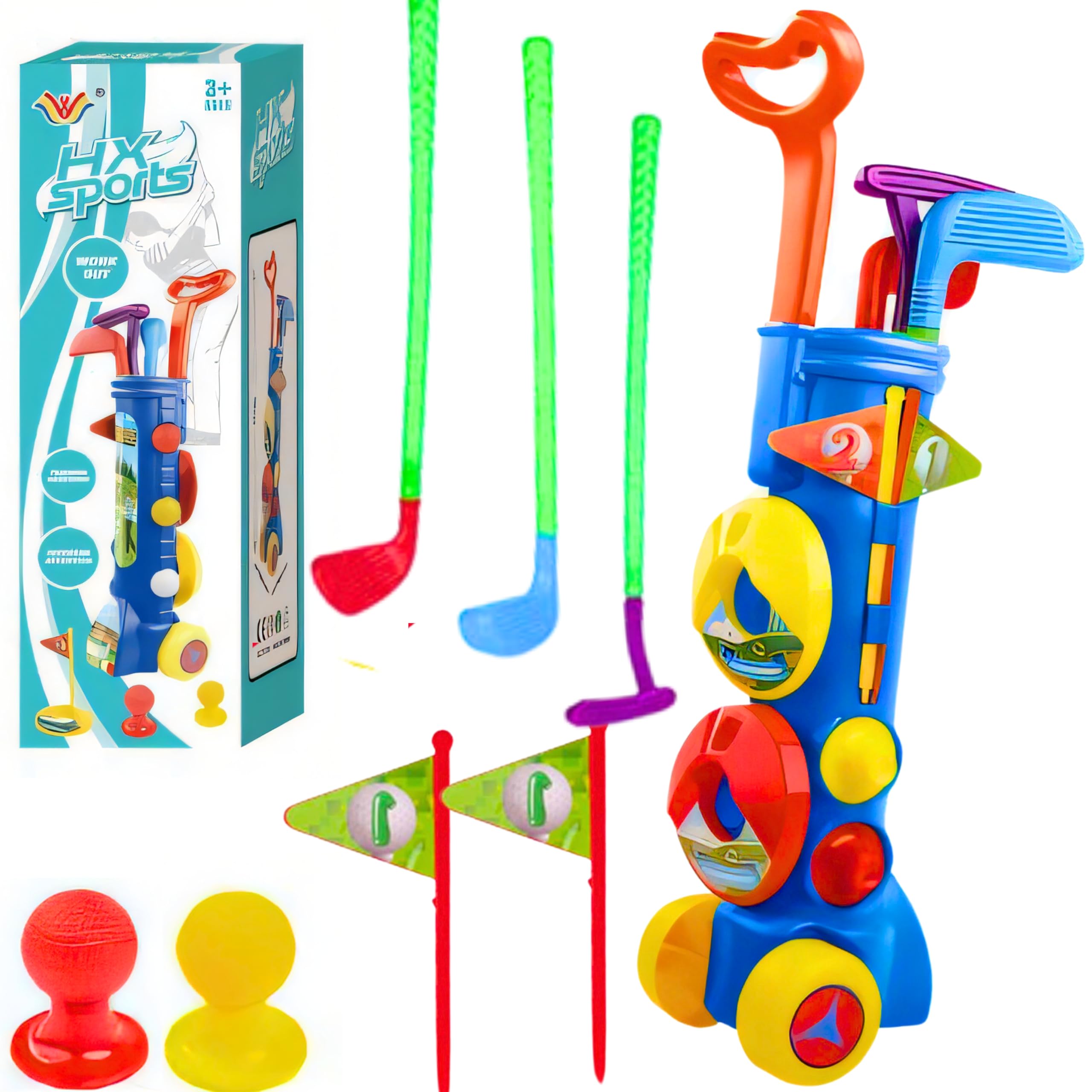 AYEBIA Kids Golf Toy Set | Kids Golf Set Golf Cart with Wheels - Golf Toys with 1 Golf Cart, 3 Golf Clubs, 2 Practice Holes, 2 Golf Tees and 3 Balls, Outdoor Exercise Toys for Kids