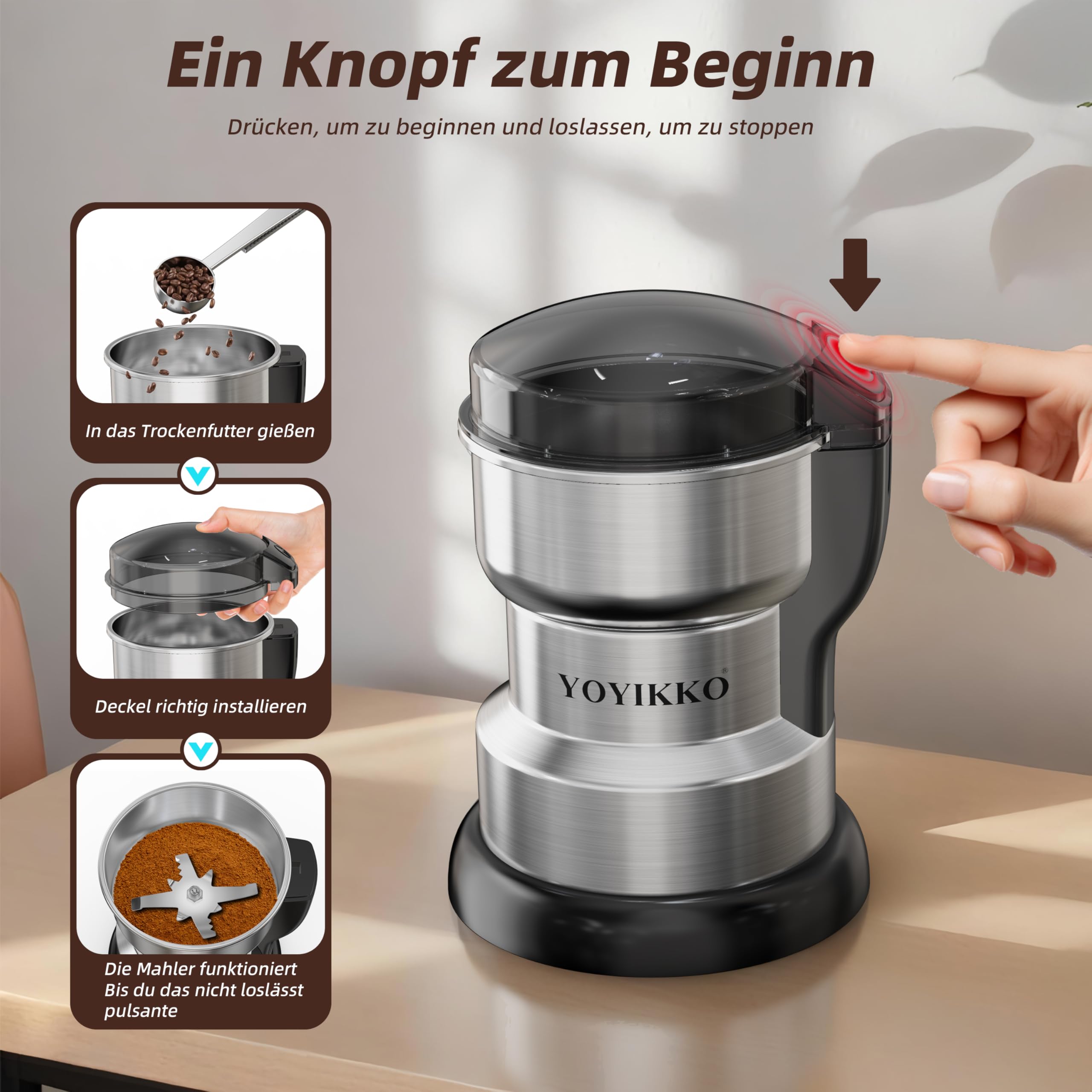 Kaffeemühlen Elektrisch 300W, Macinacaffè, Kaffeemühlen für Espresso/Gocciolamento/Versand. Macinacaffè Für Kaffee, Gewürze und andere Lebensmittel (Silber-178)