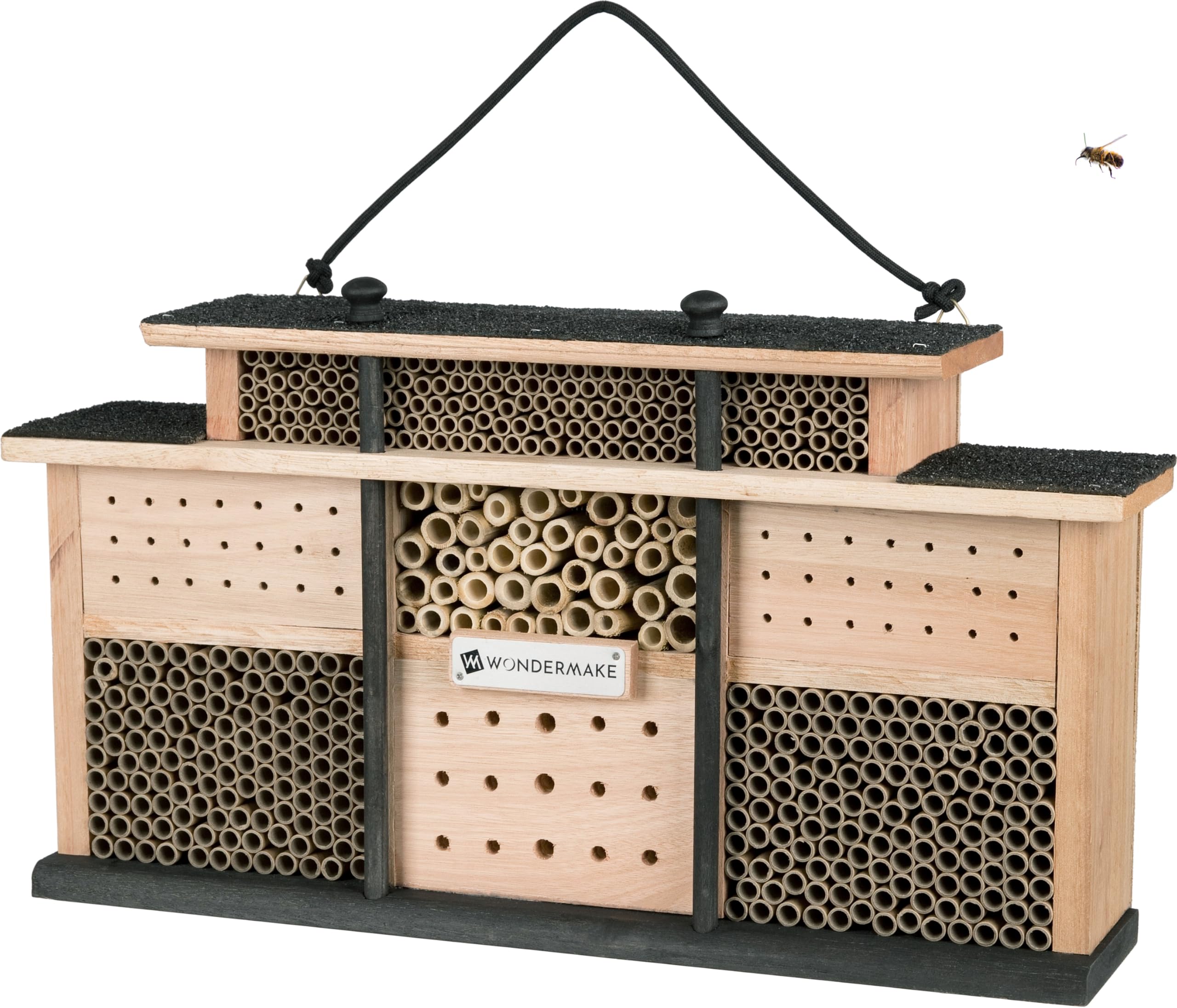 Design Insektenhotel aus Holz mit 7 Zimmern und Terrasse, Bienenhotel groß hängend Nisthilfe für Wildbienen, braun schwarz