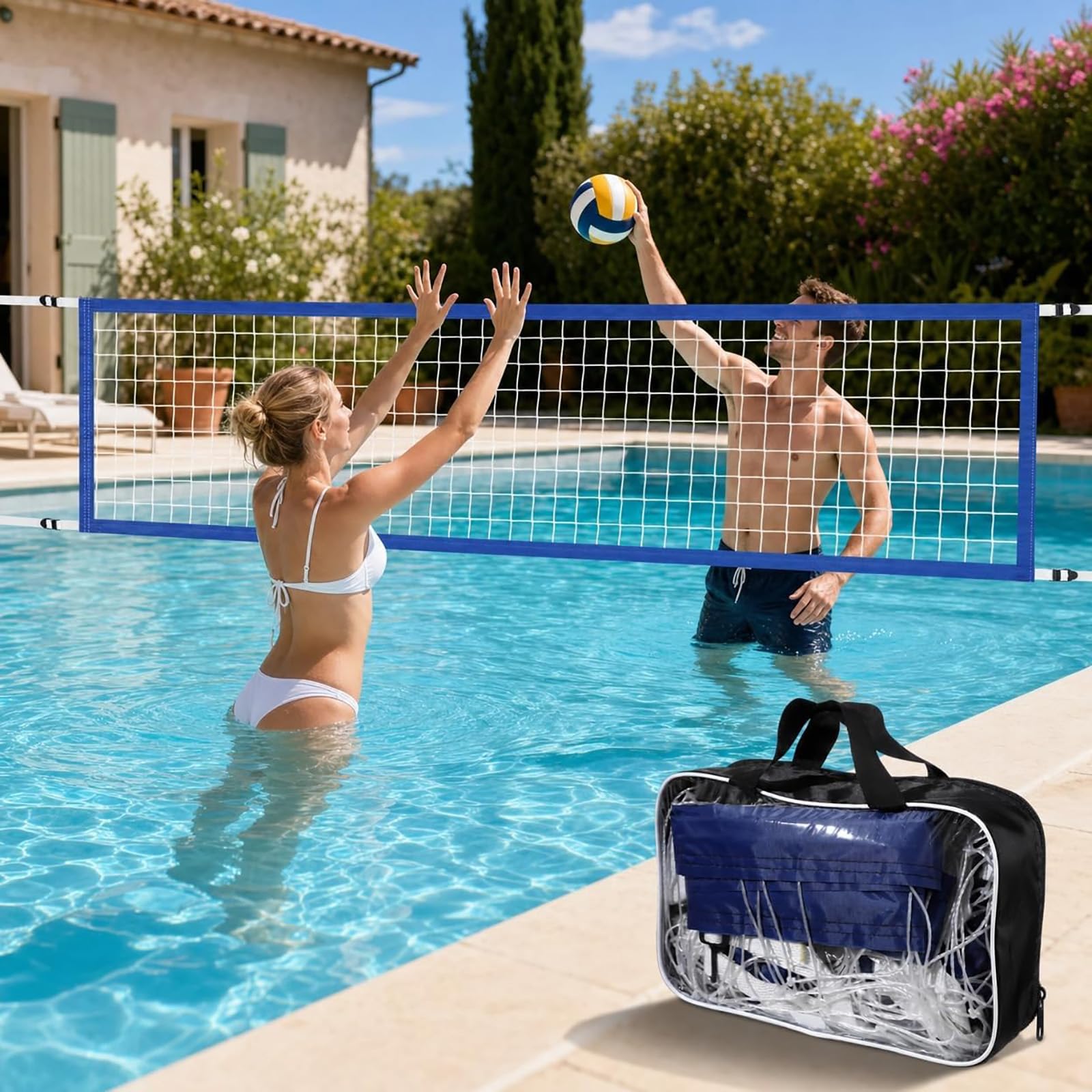 Pool Volleyball Netz 457 x 91 cm – Volleyballnetz Pool aus Strapazierfähigem PE,Höhenverstellbares Ersatznetz,Wasserdichtes Poolnetz mit Tragetasche,Für Garten,Strand,Schwimmbad und Outdoor-Spiele