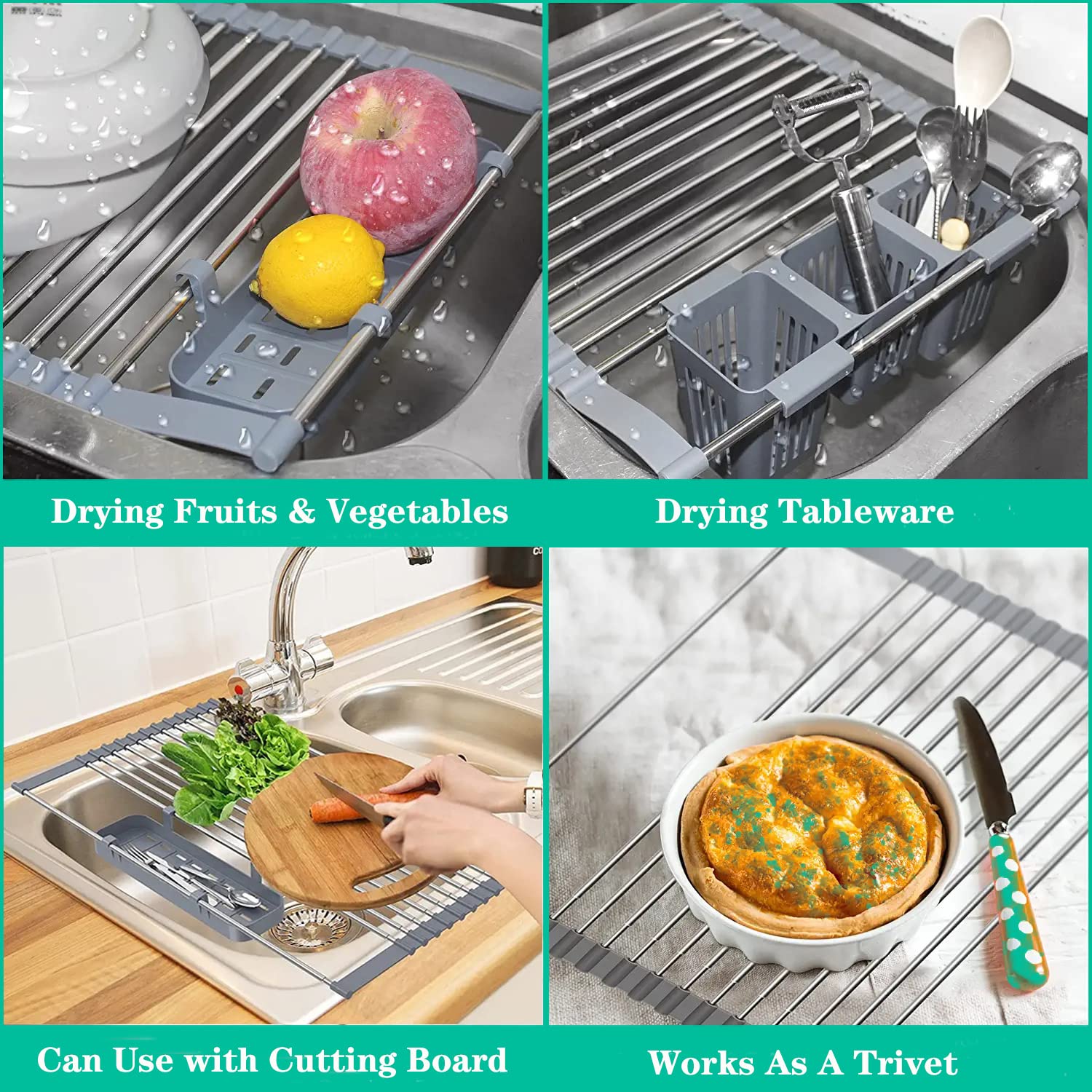 Ygapuzi Expandable Roll Up Dish Drying Rack Over the Sink, 12.6''-23.3'', Sink Drainer with Utensil Holder - Image 4