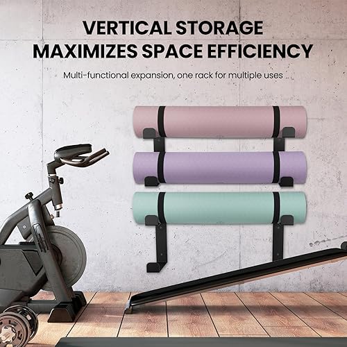 Miniatura 7 de Soporte de pared para esterilla de yoga de 4 niveles y estante de almacenamiento de esterilla de yoga, fabricación de acero resistente, soporta 30