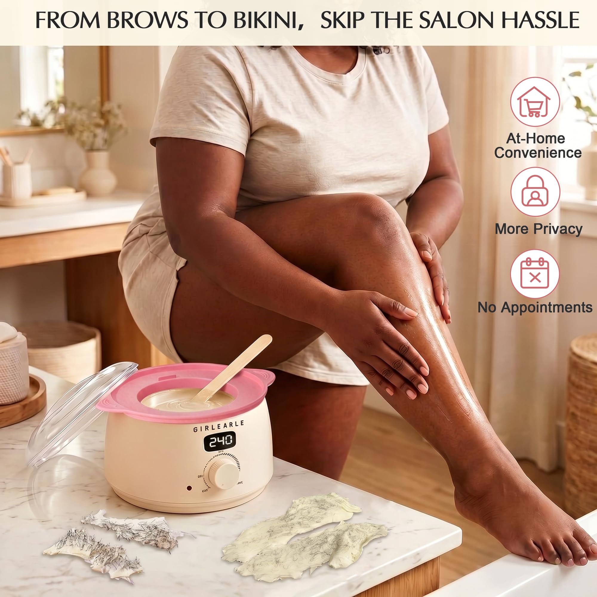 GIRLEARLE Kit de depilación digital premium para mujeres y hombres, calentador de cera en casa con cuentas de cera y olla de silicona, se dirige a diferentes tipos de piel sensible, bikini brasileño