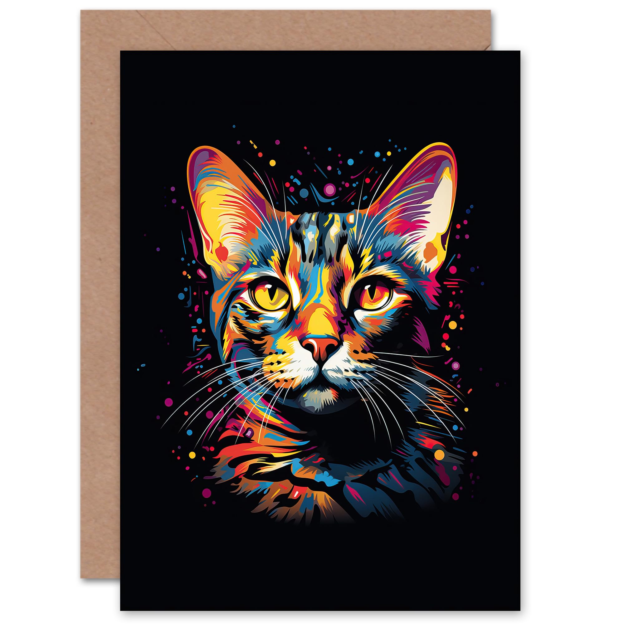 Bengal Cat Lover Gift Pet Portrait Orange Purple Blue Black Blank Greeting Card