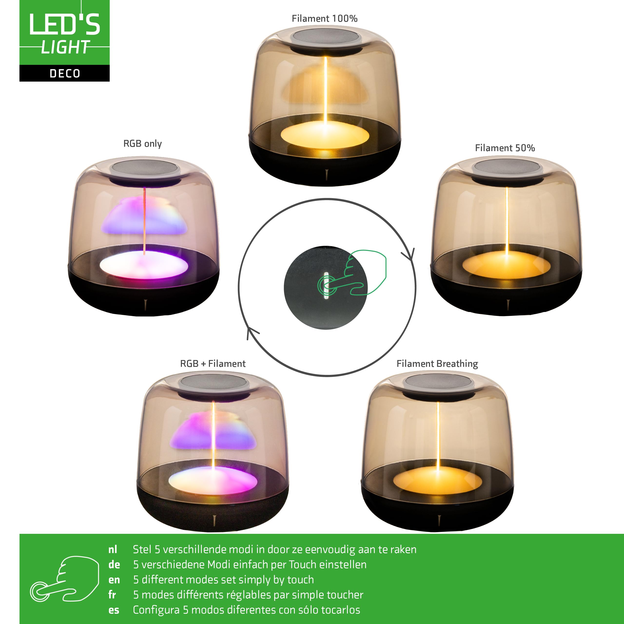 LED's light LED-Tischlampe mit Akku 2700K Warmweiß & RGB – Touch-Dimmer, USB-C, IP44, Rauchglas – Stimmungslicht für Innen & Außen