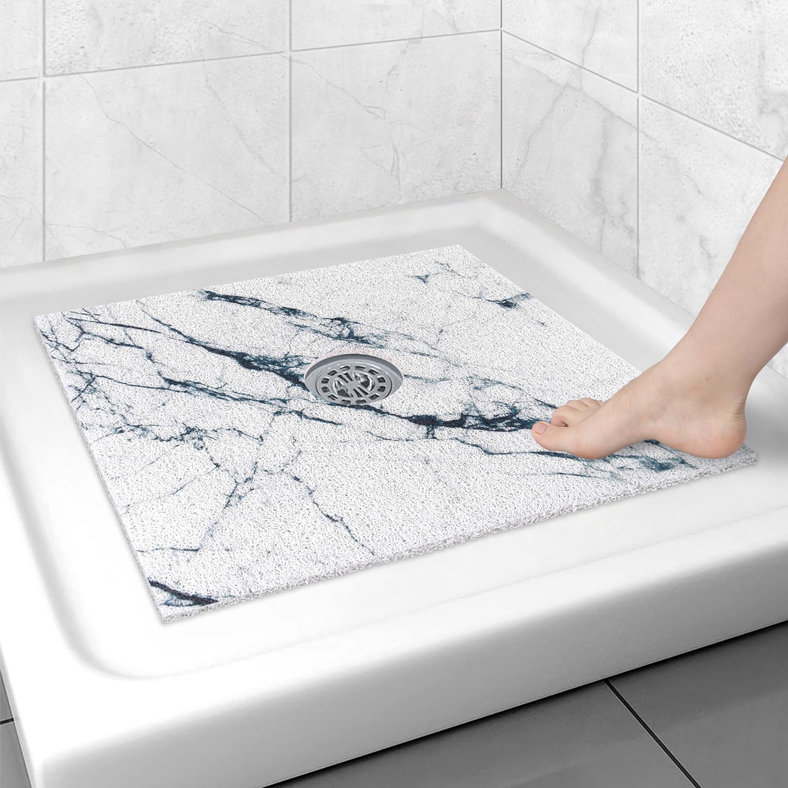 Square Shower Mat Non Slip: 24x24 Inch Shower Floor Mat with Drain Hole in Middle, Super Soft and Comfortable PVC Loofah Massage Bath Mat for Shower, Anti Slip Shower Stall Mat, Quick Drying