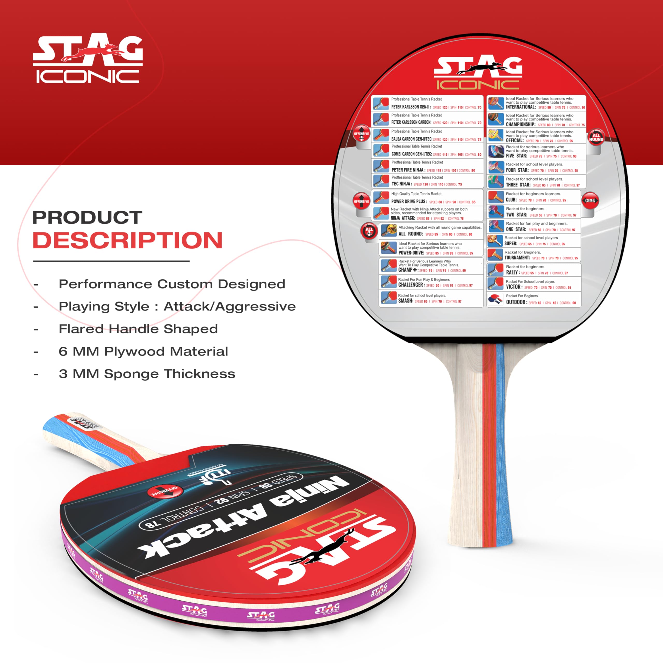 Stag Iconic Ninja Attack Advanced Series Table Tennis (T.T) Racket