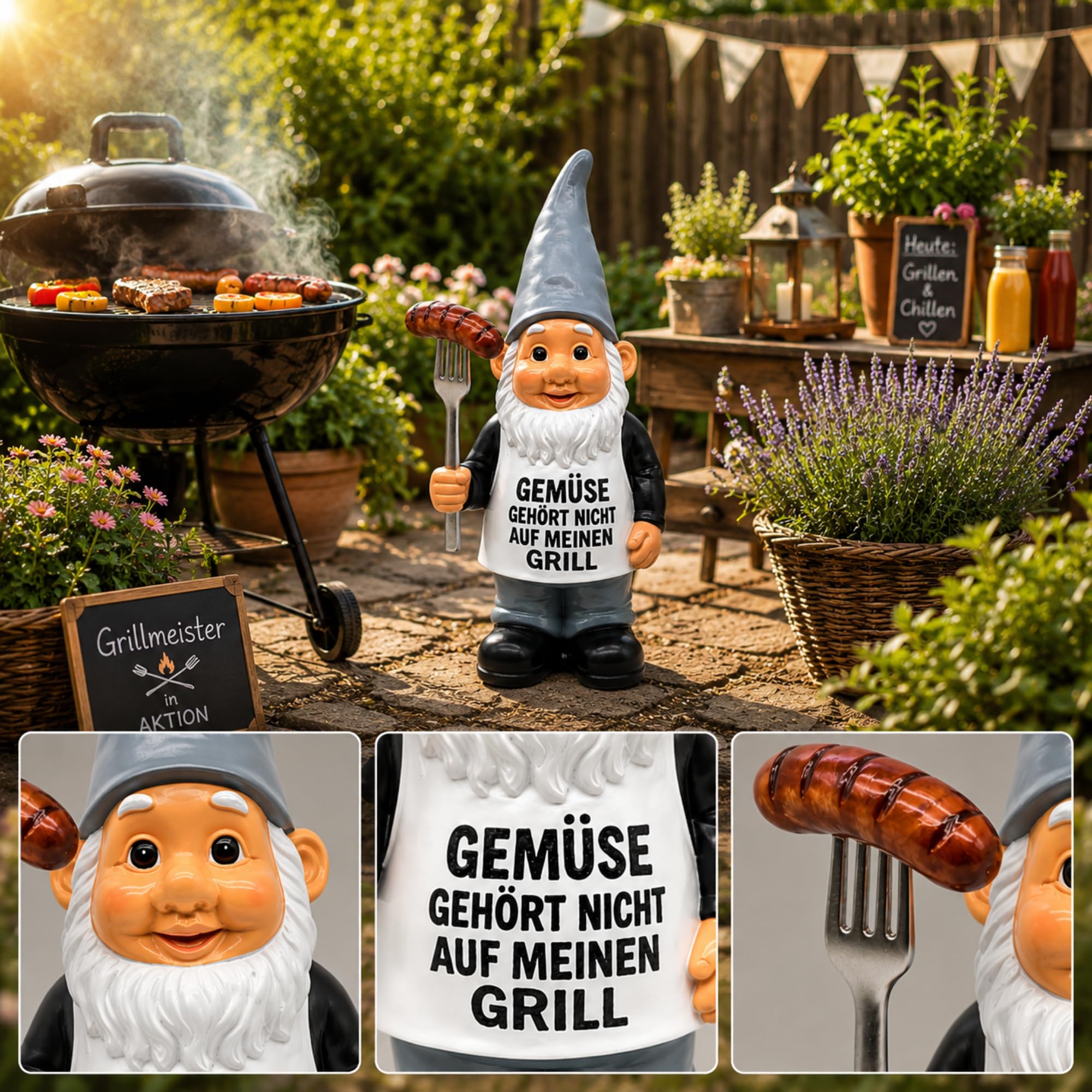 Gartenzwerg Grillfigur aus Kunstharz mit Grillgabel & Wurst – 45 cm Wetterfeste Gartenfigur für Garten, Balkon & Terrasse – Lustige Gartendeko für Grillliebhaber