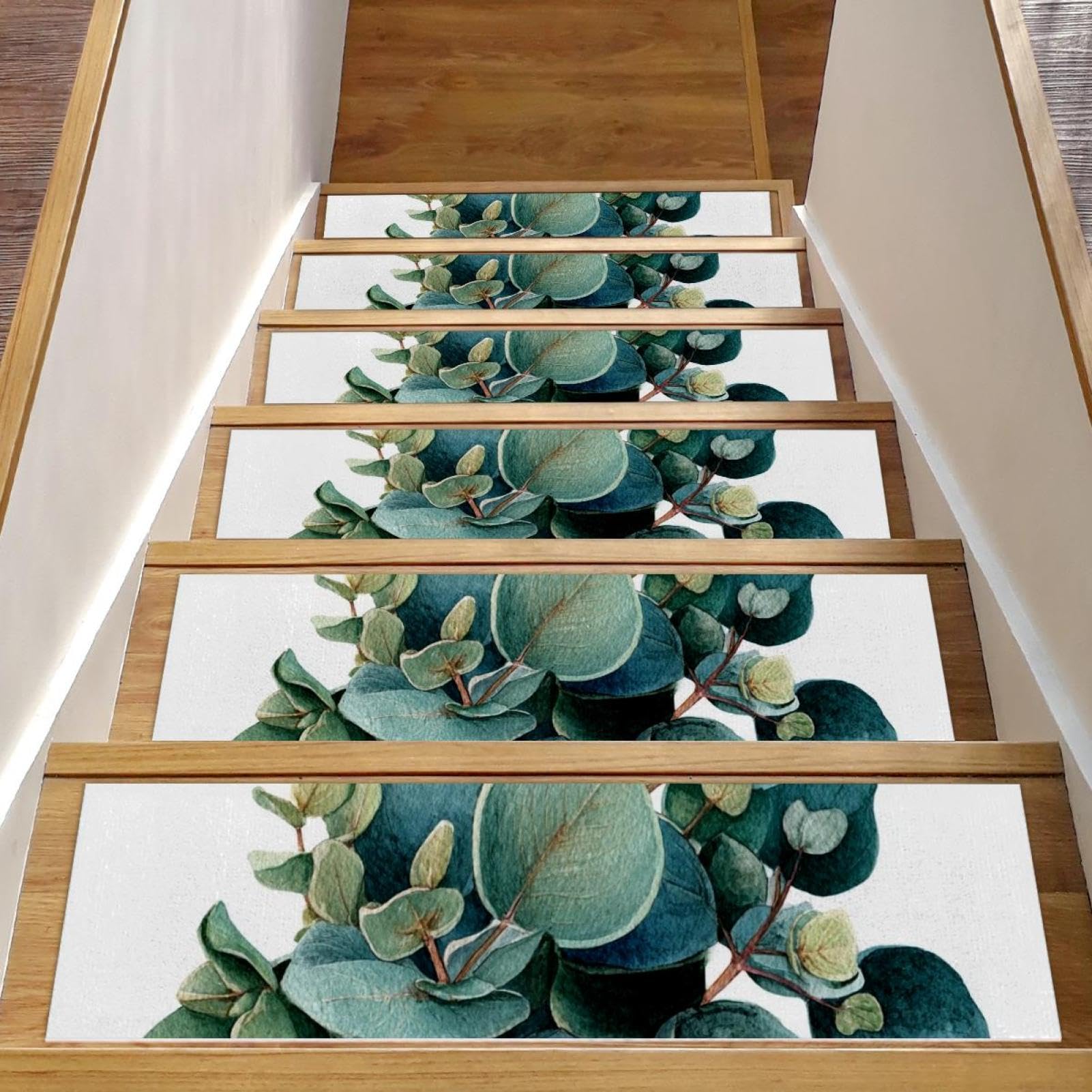 Tapis d'escalier lot de 15 marches en bois motif eucalyptus 20x76 cm