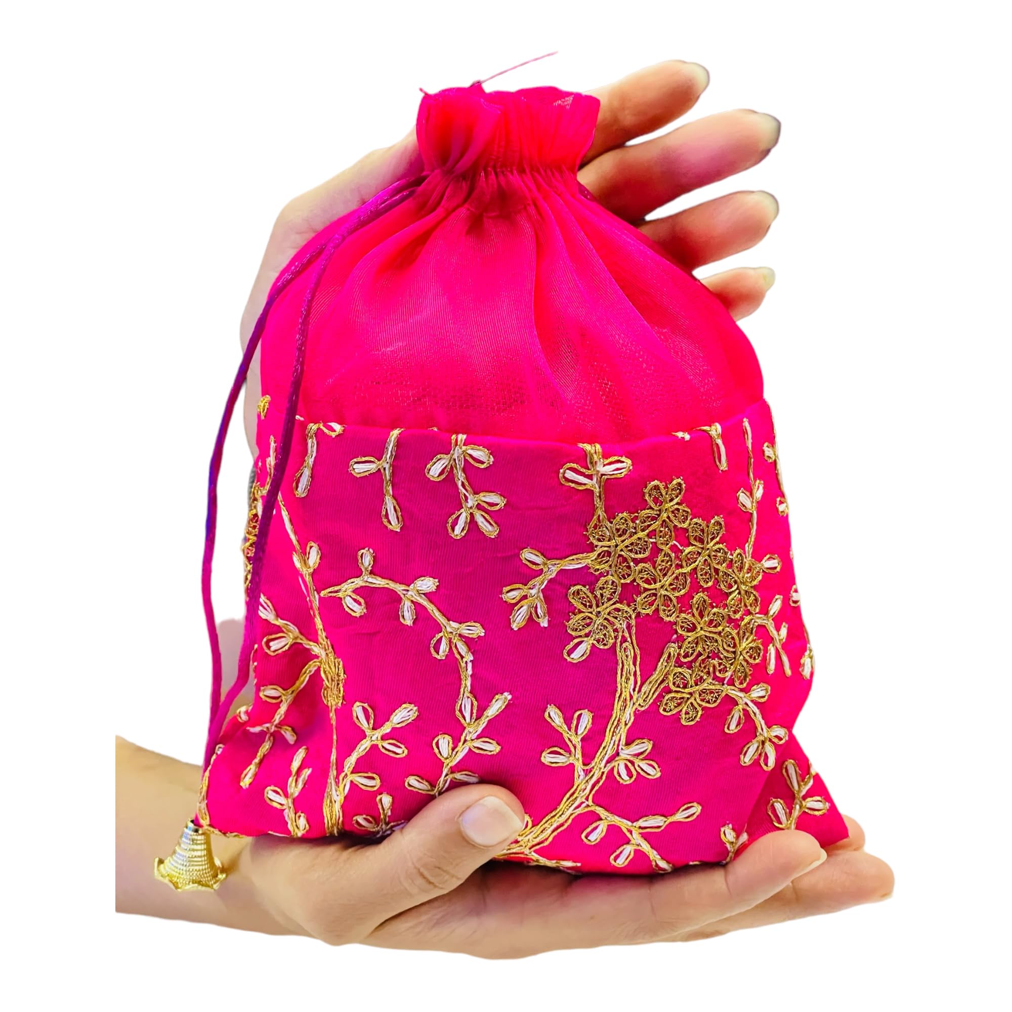 KRIWIN Pack of Ten pcs Women's Silk Drawstring Closure Embroided Big Size Gift Potli Bags Pouches(23 X 18 cm;Magenta) (10) 1