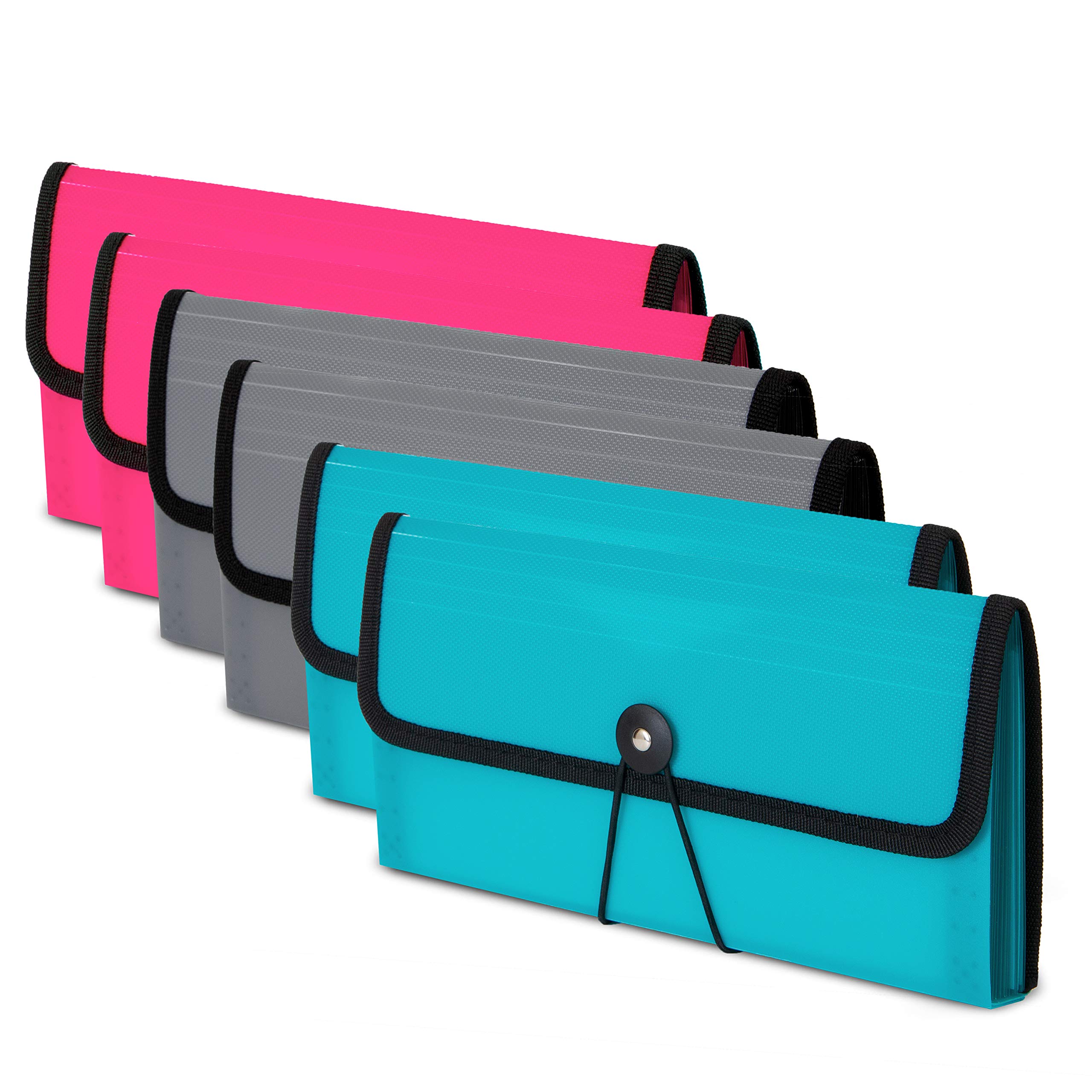 DocIt Coupon Organizer, 13 Pocket Expanding File Organizer for Coupons, Receipts, Invoices, Checks and More, 6-Pack - 2 Pink, 2 Gray, 2 Blue (00886-C)