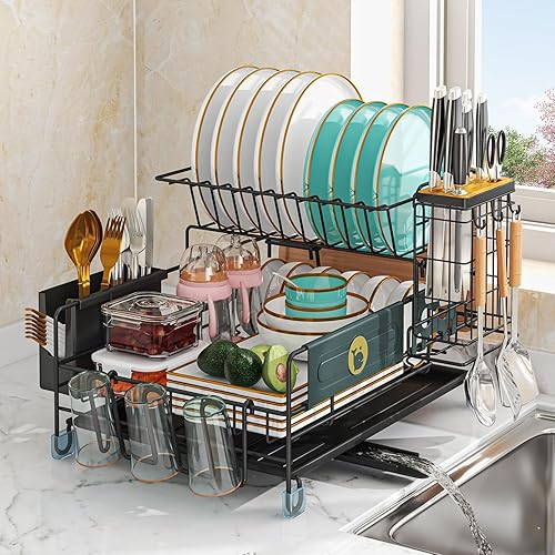 Escurridor de platos para encimera de cocina, juego de escurridor de platos de acero inoxidable de 2 niveles, soporte para utensilios, soporte para